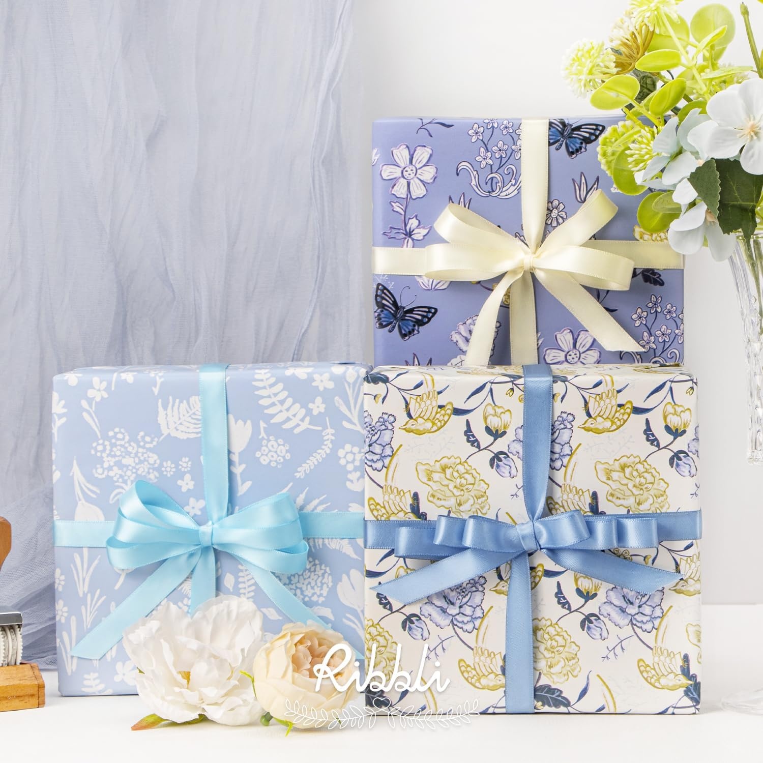 Ribbli Floral Wrapping Paper Mini Roll, 3 Rolls Dusty Blue Vintage Flower Gift Wrap for Mother’s Day Women Girl Friend Wedding – 17 inch x 120 inch(10feet) Per Roll(Dusty Blue)