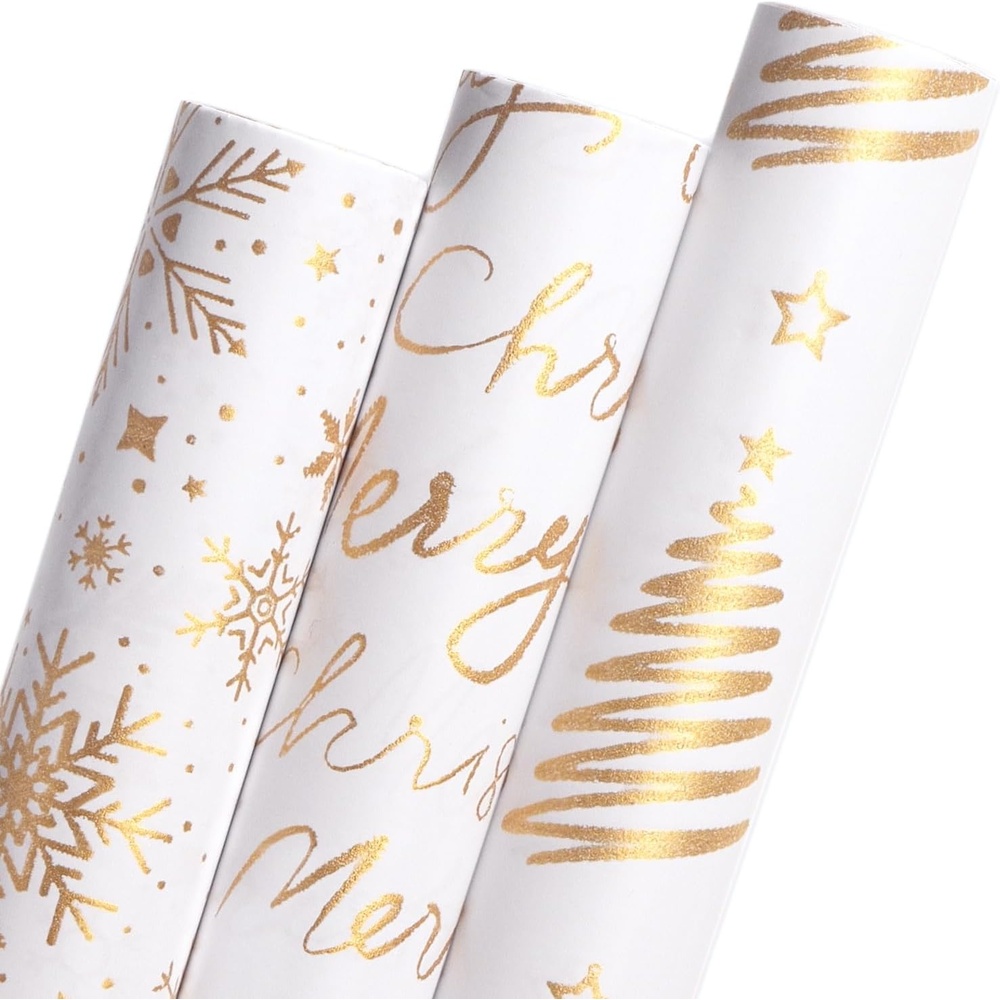 Ribbli Birthday Wrapping Paper Black and Gold Gift Wrapping Paper for Men Fathers Day Husband Boyfriend Mini Roll, 3 Rolls Stripe Geometry Pattern – 17 inch x 120 inch(10feet) Per Roll(White/Gold)