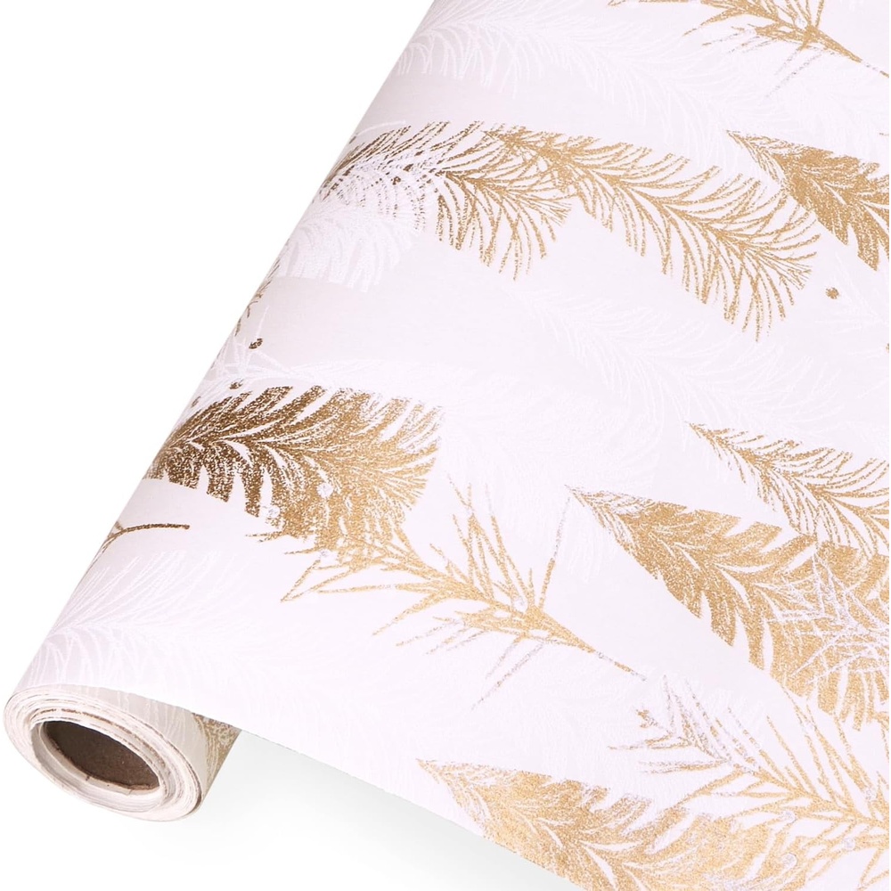 Ribbli Christmas Wrapping Paper Christmas Tree with Gold Foil Brown Kraft Gift Wrapping Paper Rolls-17 Inch x 33 Feet Per roll(White/Gold)