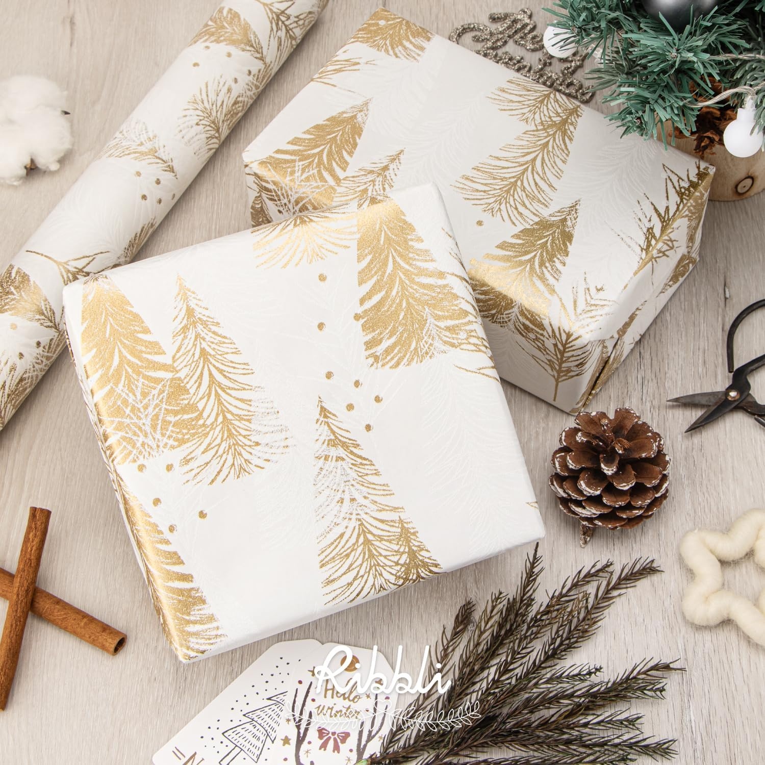 Ribbli Christmas Wrapping Paper Christmas Tree with Gold Foil Brown Kraft Gift Wrapping Paper Rolls-17 Inch x 33 Feet Per roll(White/Gold)