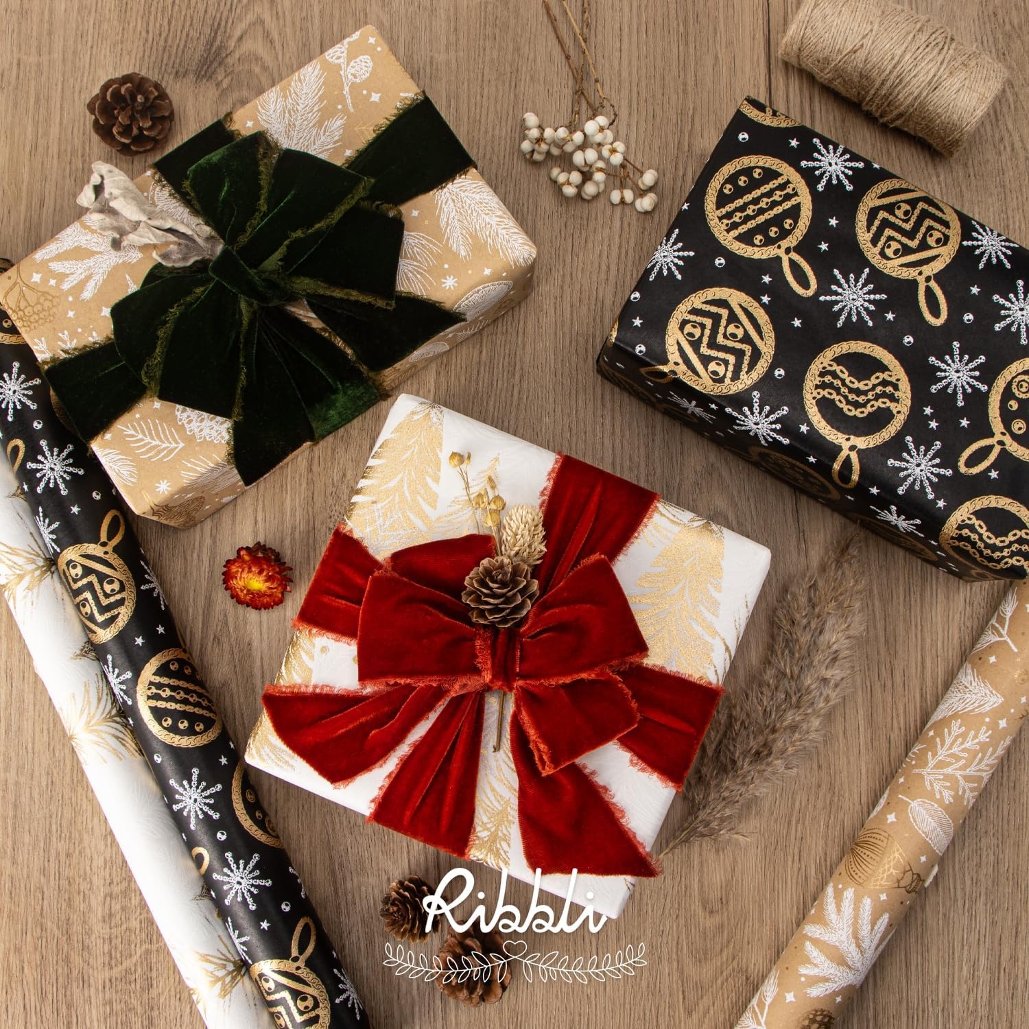 Ribbli Christmas Wrapping Paper Christmas Tree with Gold Foil Brown Kraft Gift Wrapping Paper Rolls-17 Inch x 33 Feet Per roll(White/Gold)