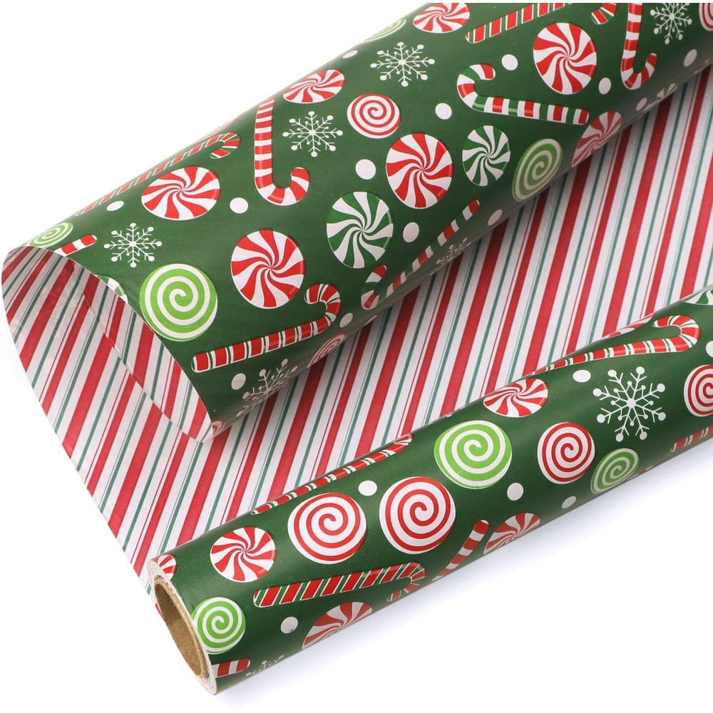 Ribbli Pink Christmas Wrapping Paper Mini Roll Metallic Foil Shine Santa Reindeer Candy Cane Gift Wrapping Paper, Mini Roll-17 Inch x 33 Feet(Candy Cane Green/Stripe)