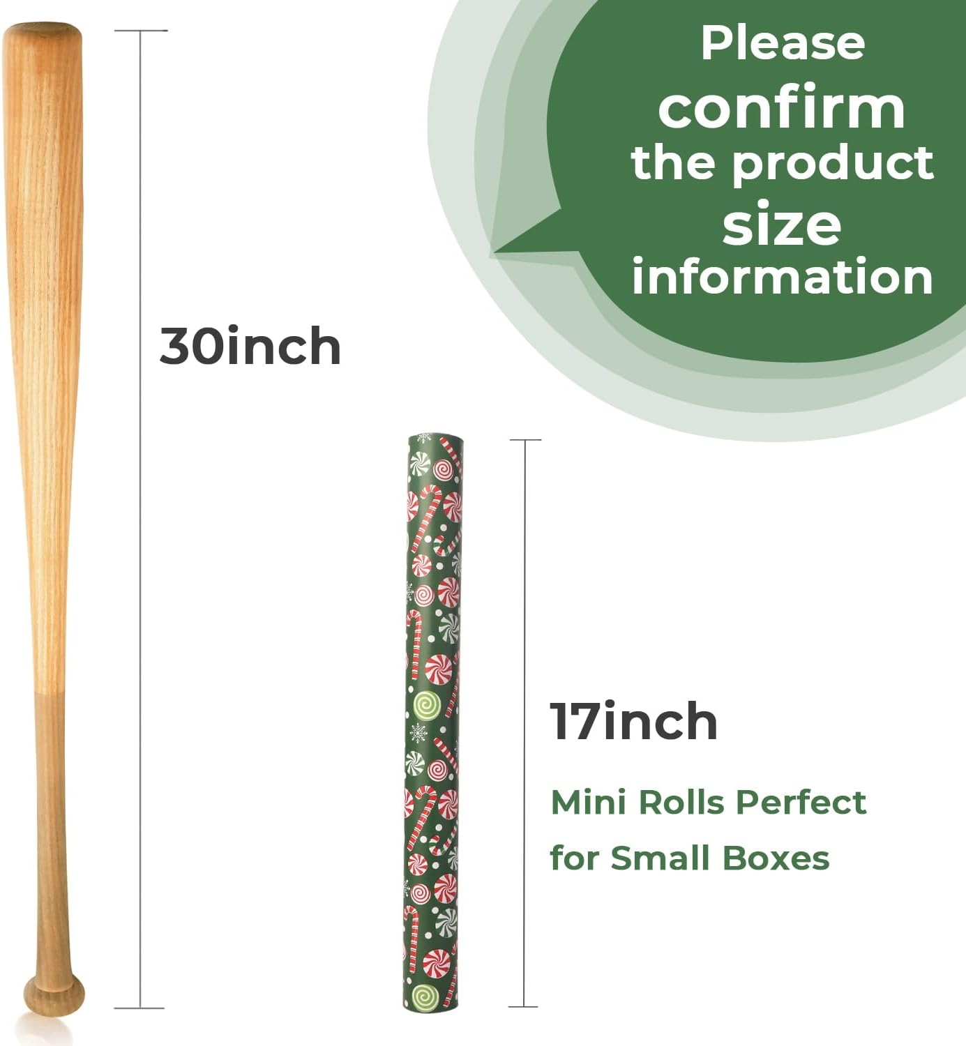Ribbli Pink Christmas Wrapping Paper Mini Roll Metallic Foil Shine Santa Reindeer Candy Cane Gift Wrapping Paper, Mini Roll-17 Inch x 33 Feet(Candy Cane Green/Stripe)