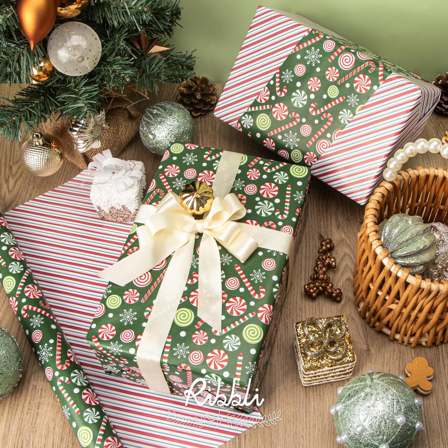 Ribbli Pink Christmas Wrapping Paper Mini Roll Metallic Foil Shine Santa Reindeer Candy Cane Gift Wrapping Paper, Mini Roll-17 Inch x 33 Feet(Candy Cane Green/Stripe)