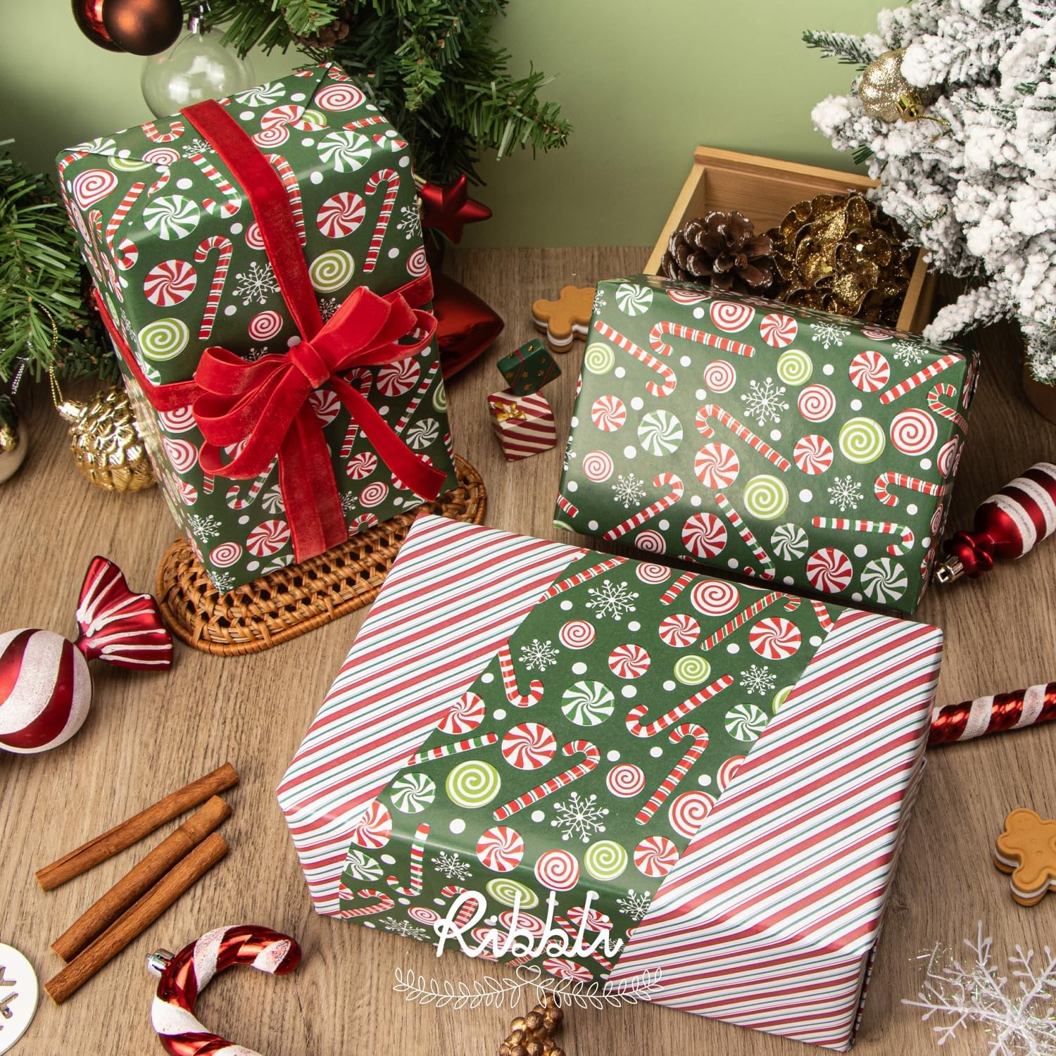 Ribbli Pink Christmas Wrapping Paper Mini Roll Metallic Foil Shine Santa Reindeer Candy Cane Gift Wrapping Paper, Mini Roll-17 Inch x 33 Feet(Candy Cane Green/Stripe)