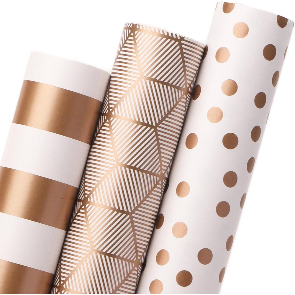 Ribbli Christmas Wrapping Paper Red White Green 3 Rolls Christmas Printed Assortment Gift Wrap Paper for Kids- Mini Roll 17 inch x 120 inch(10feet) Per Roll(White/Matte Gold)
