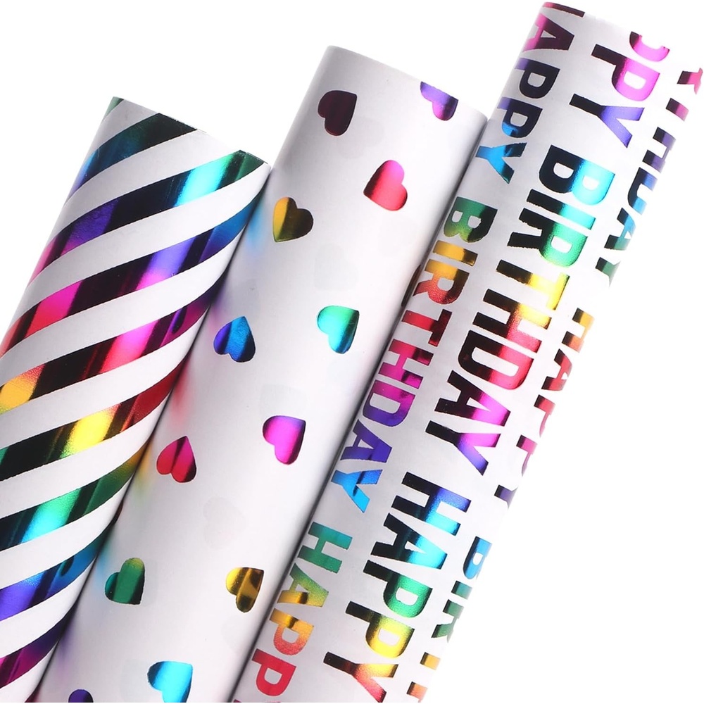 Ribbli Birthday Wrapping Paper Iridescent Gift Wrap Mini Roll, 3 Rolls Happy Birthday Heart Stripes Printed for Girls Kids – 17 inch x 120 inch(10feet) Per Roll(Colorful Heart)