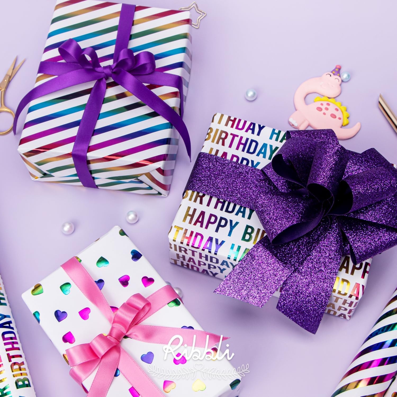 Ribbli Birthday Wrapping Paper Iridescent Gift Wrap Mini Roll, 3 Rolls Happy Birthday Heart Stripes Printed for Girls Kids – 17 inch x 120 inch(10feet) Per Roll(Colorful Heart)