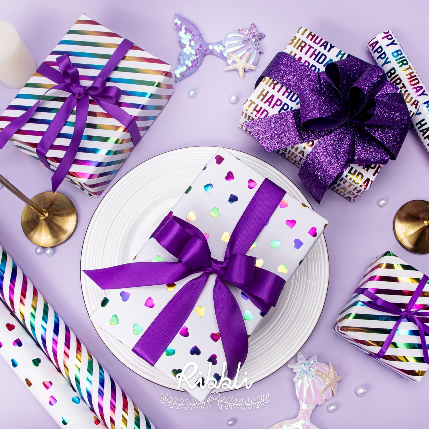 Ribbli Birthday Wrapping Paper Iridescent Gift Wrap Mini Roll, 3 Rolls Happy Birthday Heart Stripes Printed for Girls Kids – 17 inch x 120 inch(10feet) Per Roll(Colorful Heart)