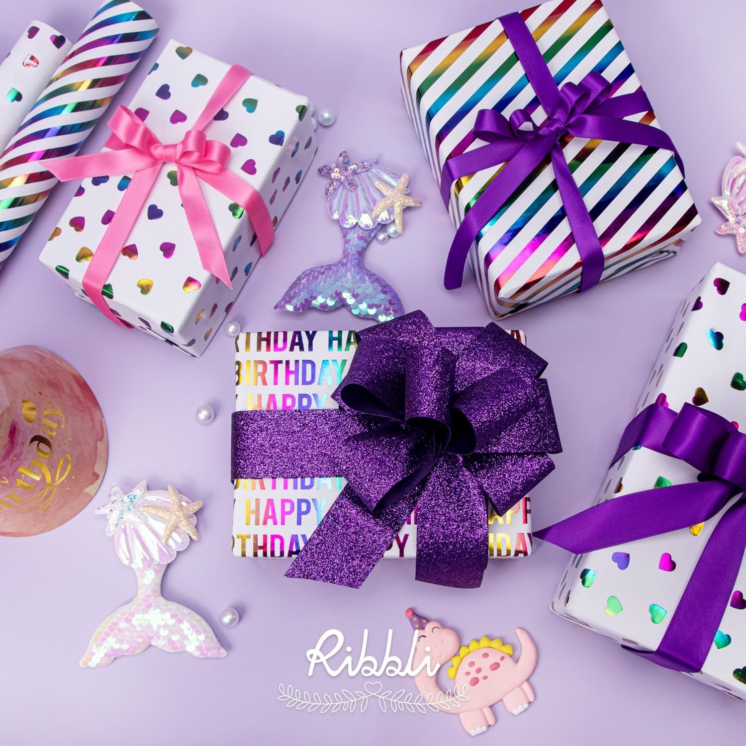 Ribbli Birthday Wrapping Paper Iridescent Gift Wrap Mini Roll, 3 Rolls Happy Birthday Heart Stripes Printed for Girls Kids – 17 inch x 120 inch(10feet) Per Roll(Colorful Heart)