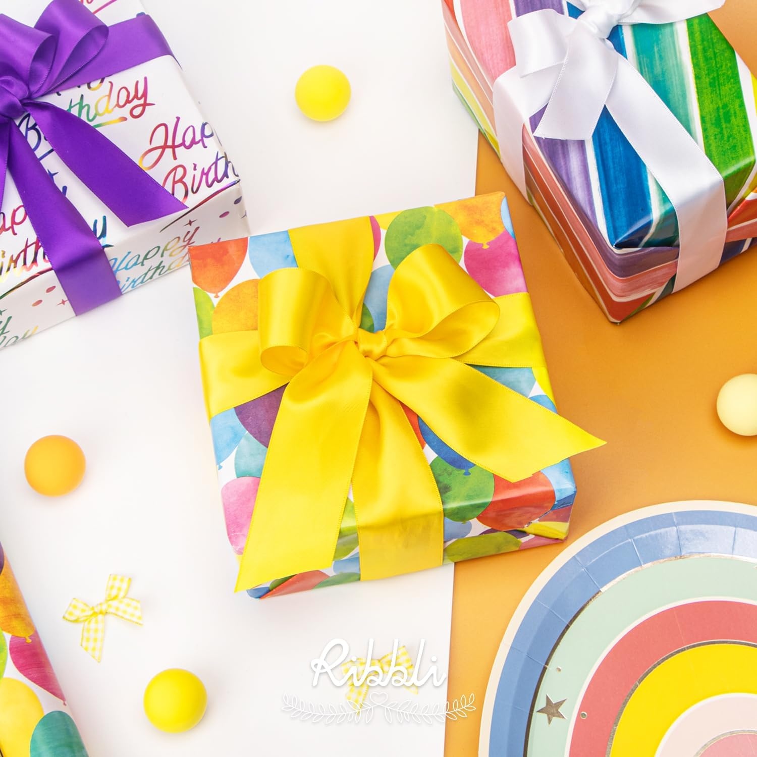 Ribbli Birthday Wrapping Paper 3 Rolls Colorful Balloon Stripe and Iridescent Happy Birthday Wrapping Paper for Kids- Mini Roll 17 inch x 120 inch(10feet) Per Roll(Colorful)