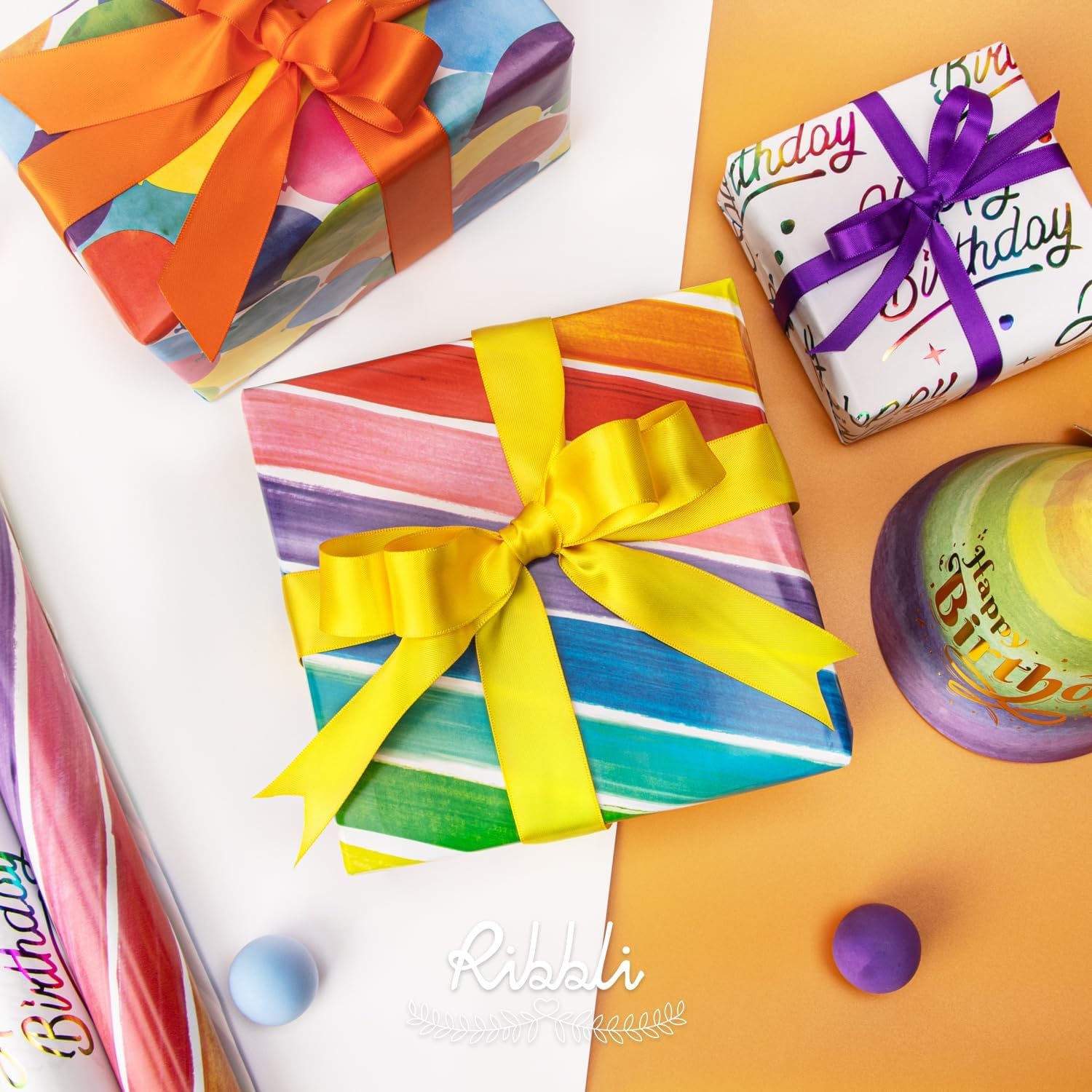 Ribbli Birthday Wrapping Paper 3 Rolls Colorful Balloon Stripe and Iridescent Happy Birthday Wrapping Paper for Kids- Mini Roll 17 inch x 120 inch(10feet) Per Roll(Colorful)