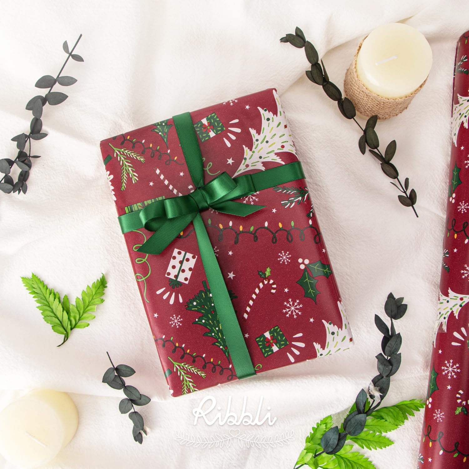 Ribbli Christmas Wrapping Paper Rolls,Mini Roll-17 Inch x 33 Feet-Christmas Woods(Vintage Red/Green)
