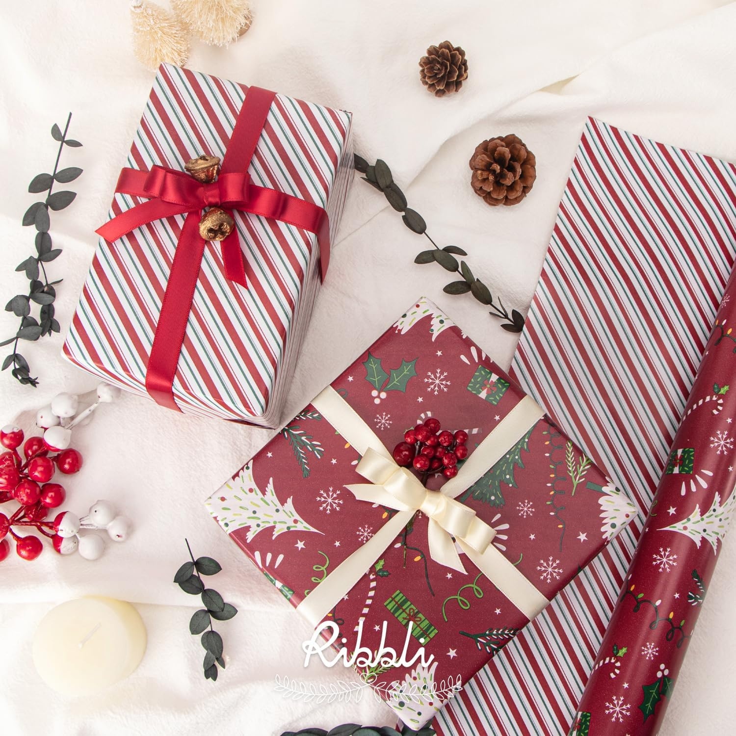 Ribbli Christmas Wrapping Paper Rolls,Mini Roll-17 Inch x 33 Feet-Christmas Woods(Vintage Red/Green)