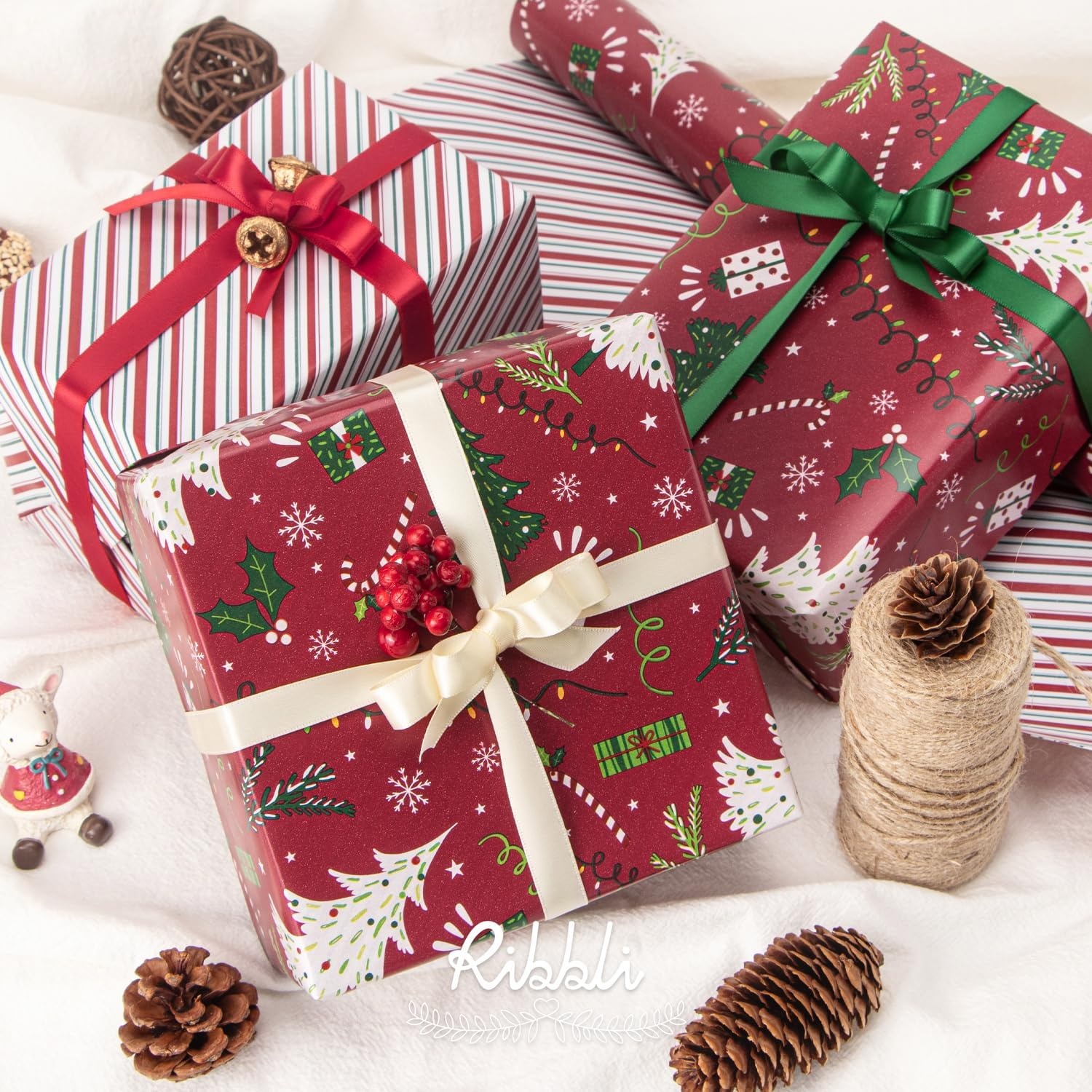 Ribbli Christmas Wrapping Paper Rolls,Mini Roll-17 Inch x 33 Feet-Christmas Woods(Vintage Red/Green)