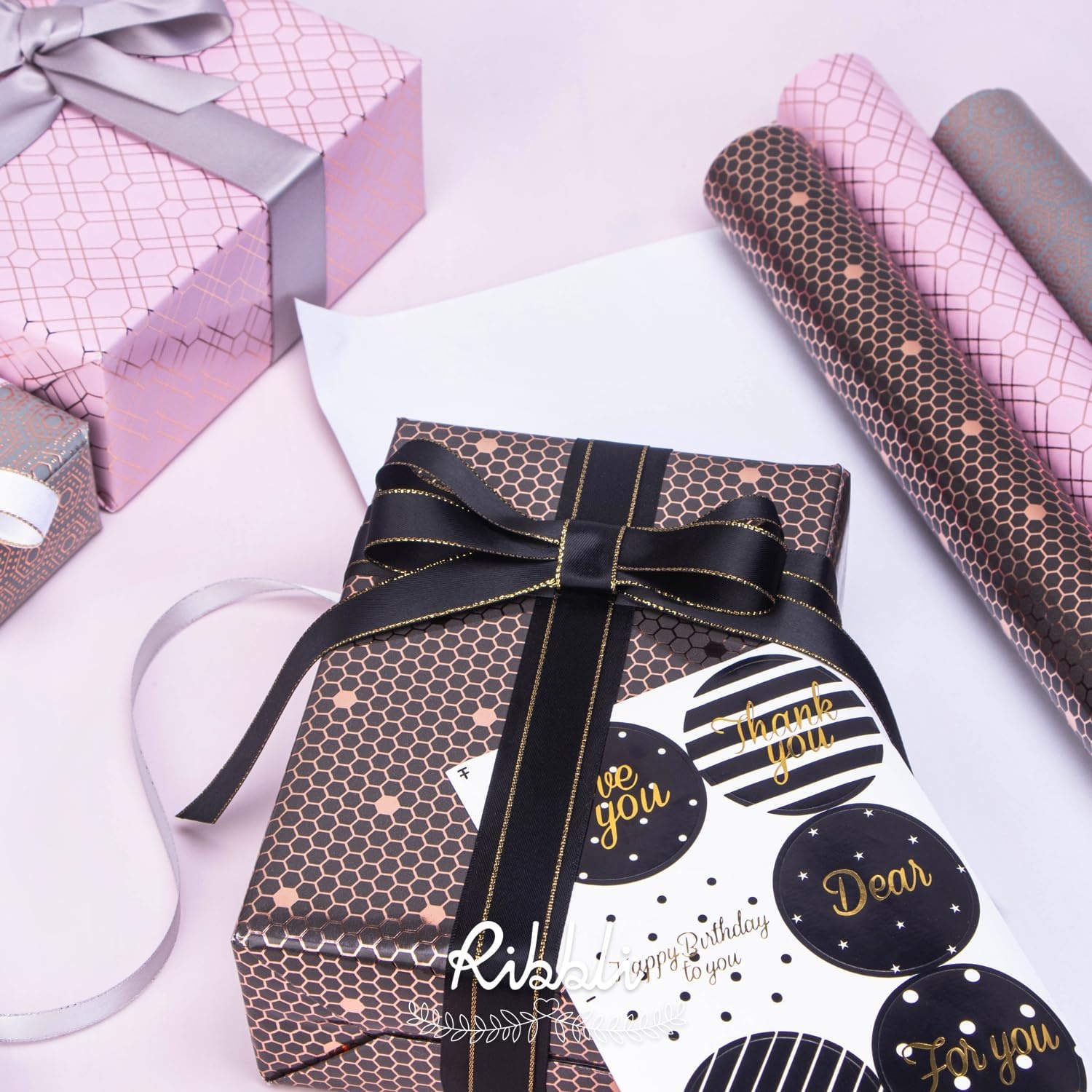 Ribbli Floral Wrapping Paper Mini Roll, 3 Rolls Dusty Blue Vintage Flower Gift Wrap for Mother’s Day Women Girl Friend Wedding – 17 inch x 120 inch(10feet) Per Roll(Grey/Pink/Black)