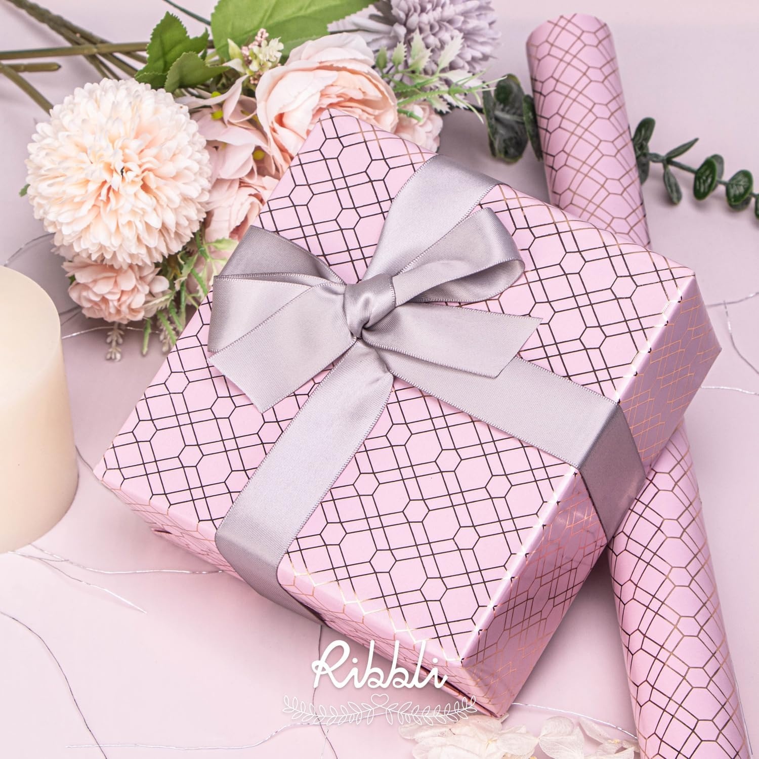 Ribbli Floral Wrapping Paper Mini Roll, 3 Rolls Dusty Blue Vintage Flower Gift Wrap for Mother’s Day Women Girl Friend Wedding – 17 inch x 120 inch(10feet) Per Roll(Grey/Pink/Black)
