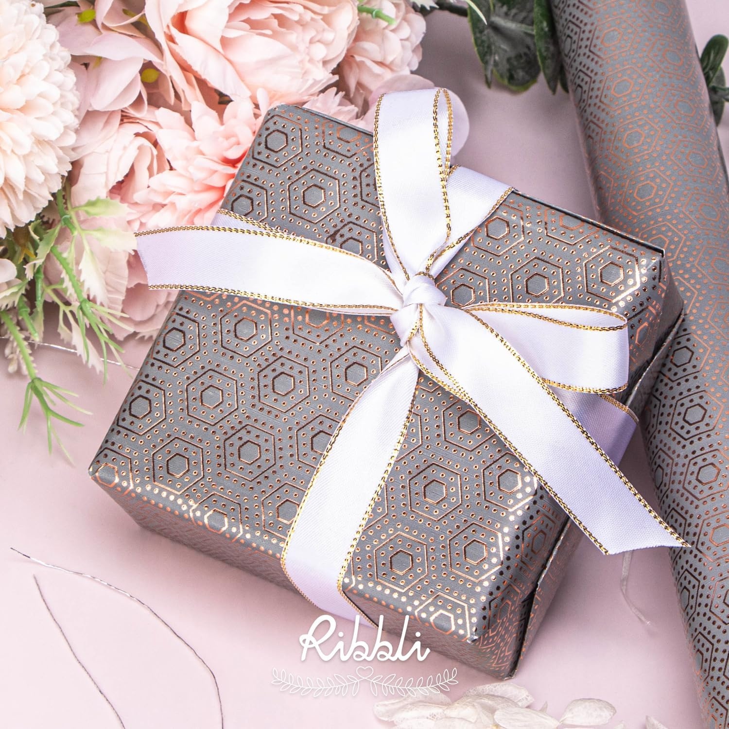 Ribbli Floral Wrapping Paper Mini Roll, 3 Rolls Dusty Blue Vintage Flower Gift Wrap for Mother’s Day Women Girl Friend Wedding – 17 inch x 120 inch(10feet) Per Roll(Grey/Pink/Black)