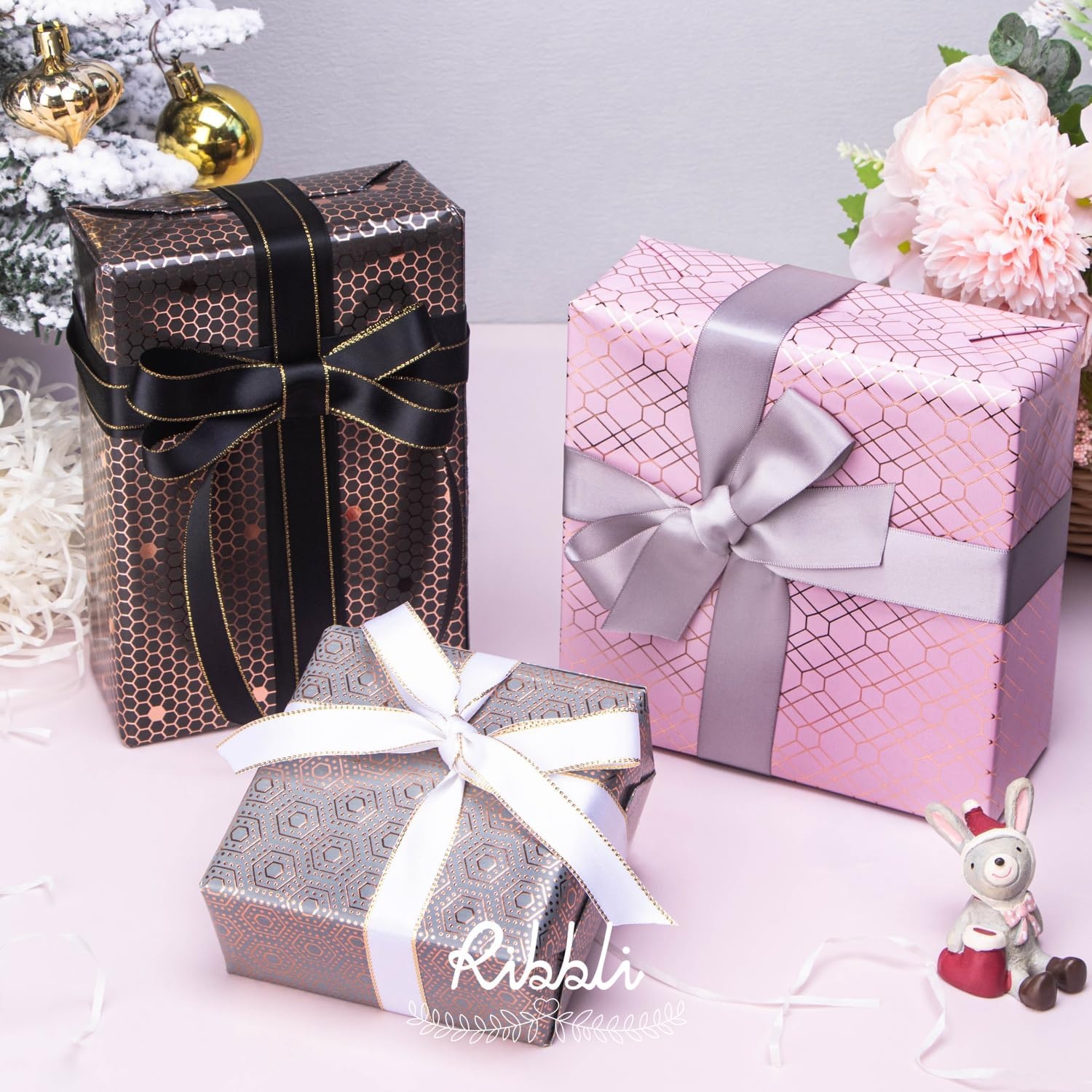 Ribbli Floral Wrapping Paper Mini Roll, 3 Rolls Dusty Blue Vintage Flower Gift Wrap for Mother’s Day Women Girl Friend Wedding – 17 inch x 120 inch(10feet) Per Roll(Grey/Pink/Black)