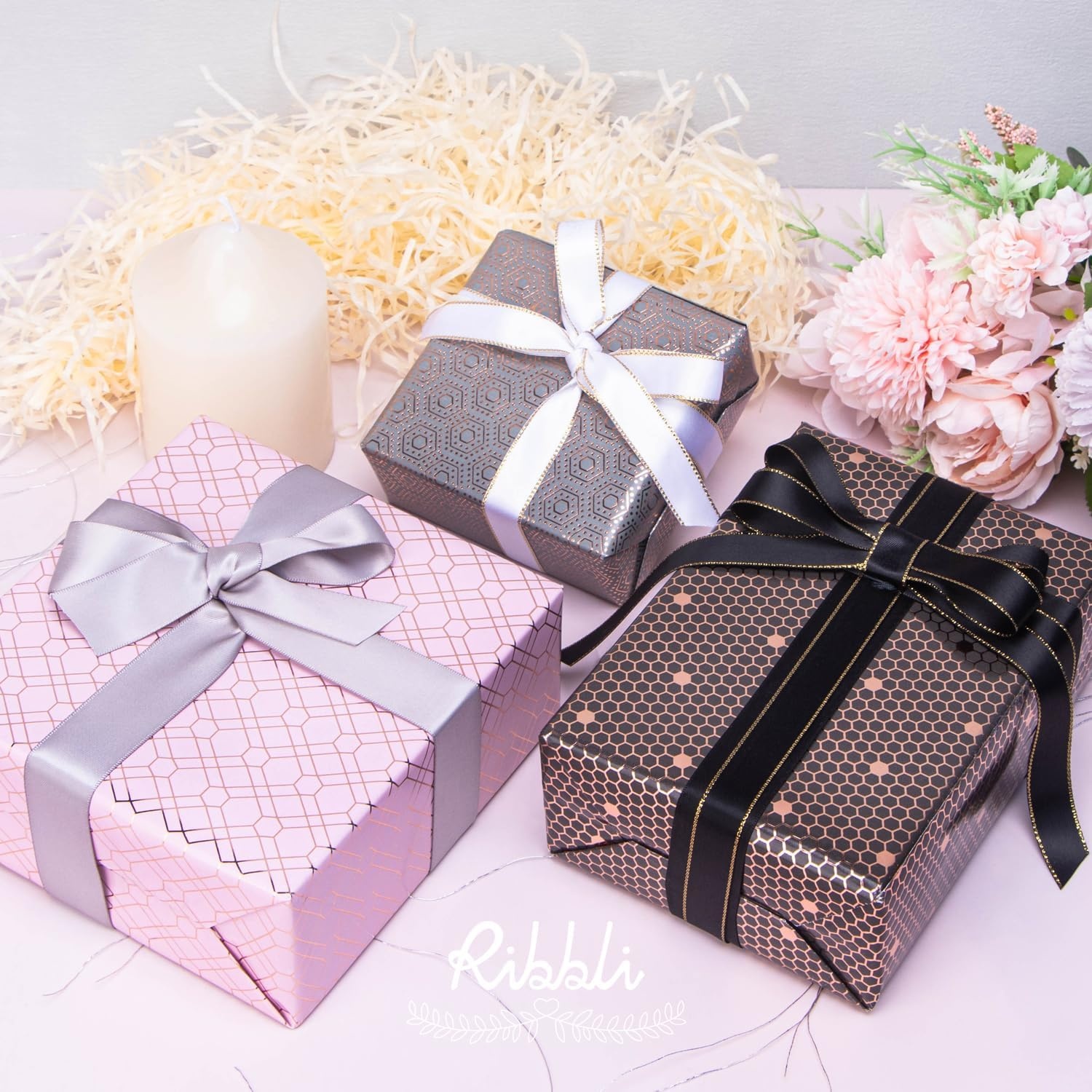 Ribbli Floral Wrapping Paper Mini Roll, 3 Rolls Dusty Blue Vintage Flower Gift Wrap for Mother’s Day Women Girl Friend Wedding – 17 inch x 120 inch(10feet) Per Roll(Grey/Pink/Black)