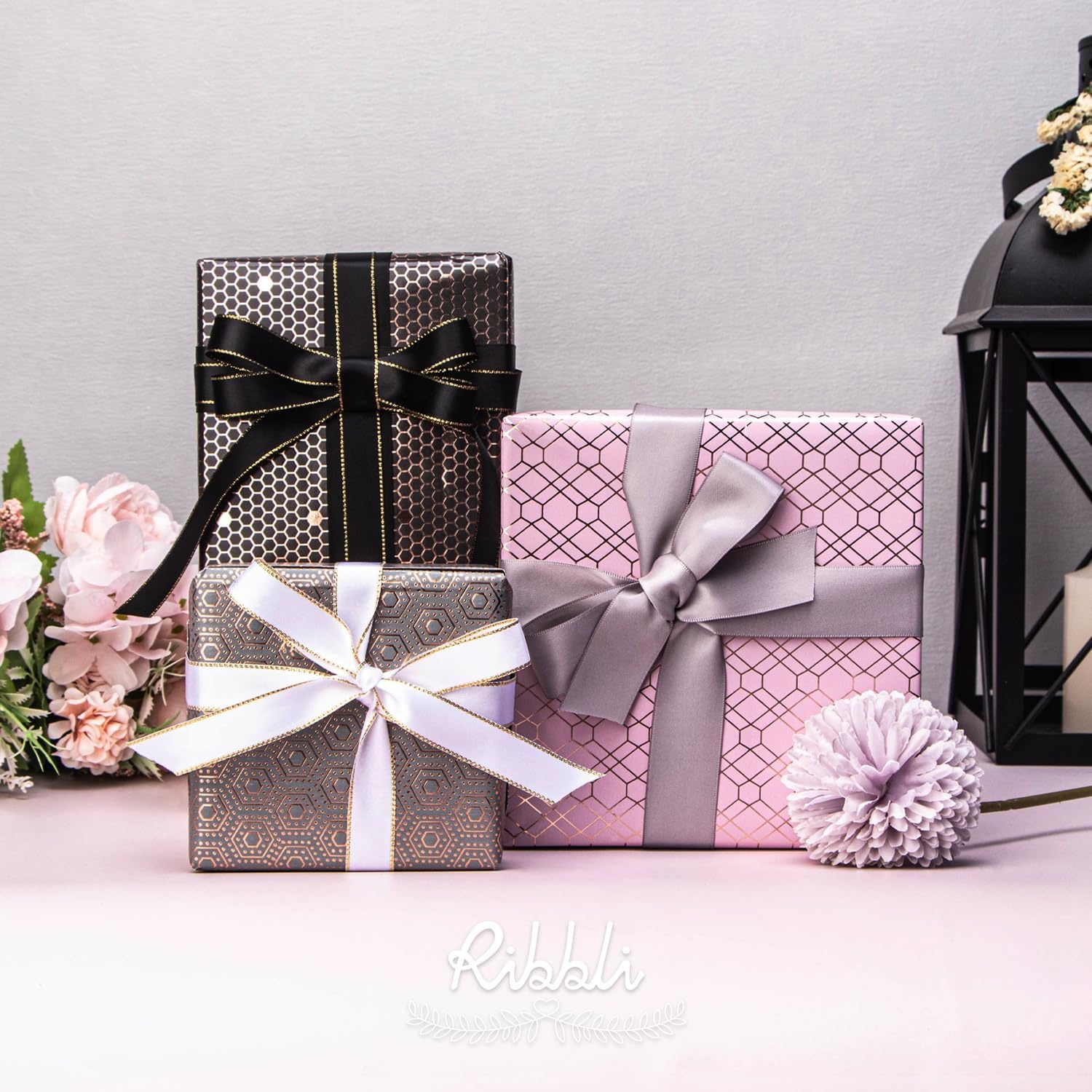 Ribbli Floral Wrapping Paper Mini Roll, 3 Rolls Dusty Blue Vintage Flower Gift Wrap for Mother’s Day Women Girl Friend Wedding – 17 inch x 120 inch(10feet) Per Roll(Grey/Pink/Black)