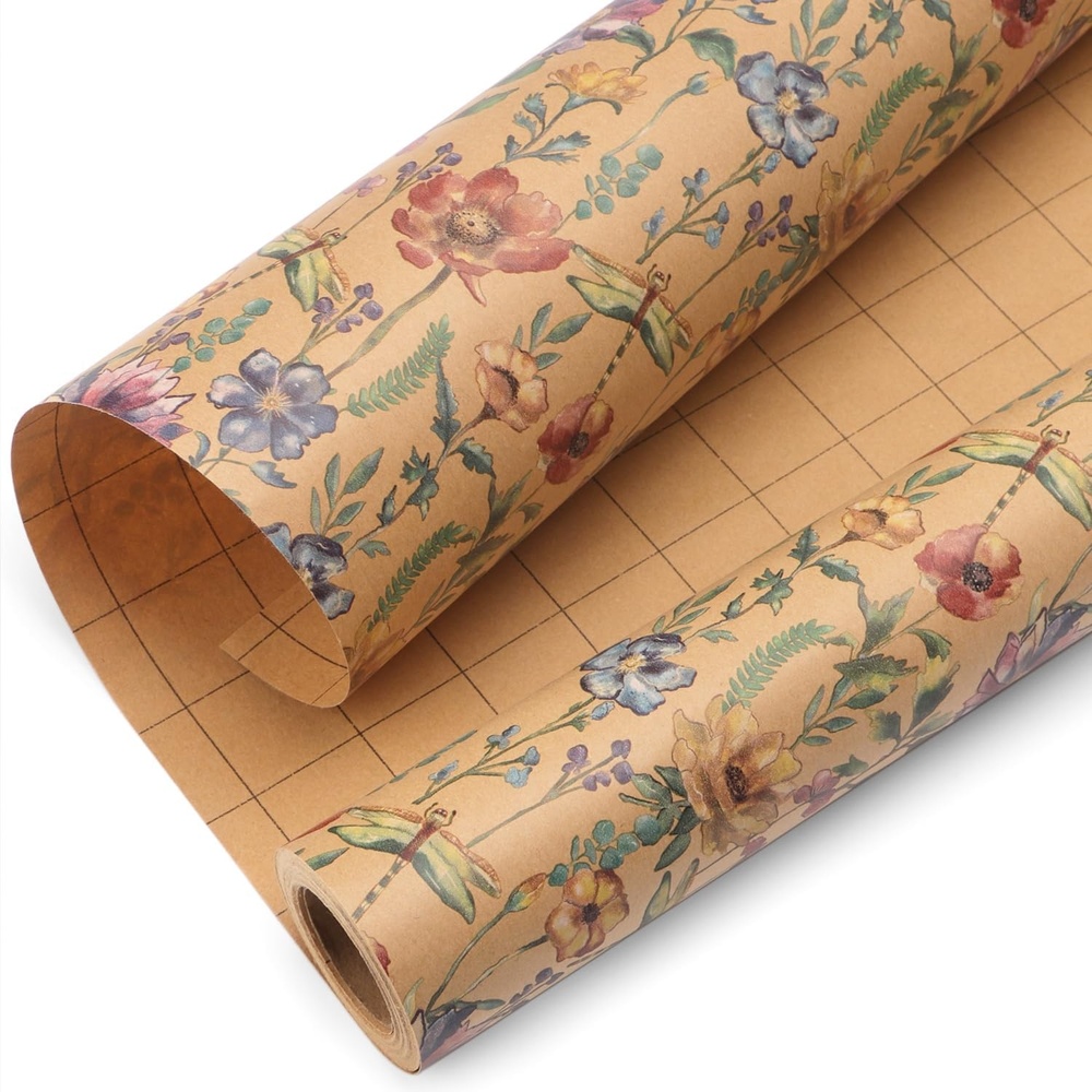 Ribbli Floral Wrapping Paper Vintage Birthday Kraft Paper Perfect for Wedding Bridal Shower Women Girls Anniversary with Colorful Pattern- 17Inch x 394Inch(33Feet)(Colorful)