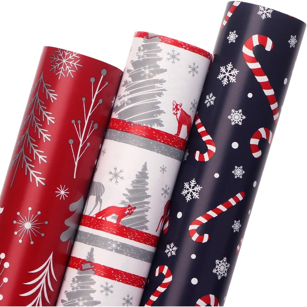Ribbli Christmas Wrapping Paper Red White Green 3 Rolls Christmas Printed Assortment Gift Wrap Paper for Kids- Mini Roll 17 inch x 120 inch(10feet) Per Roll(Red/White/Navy)