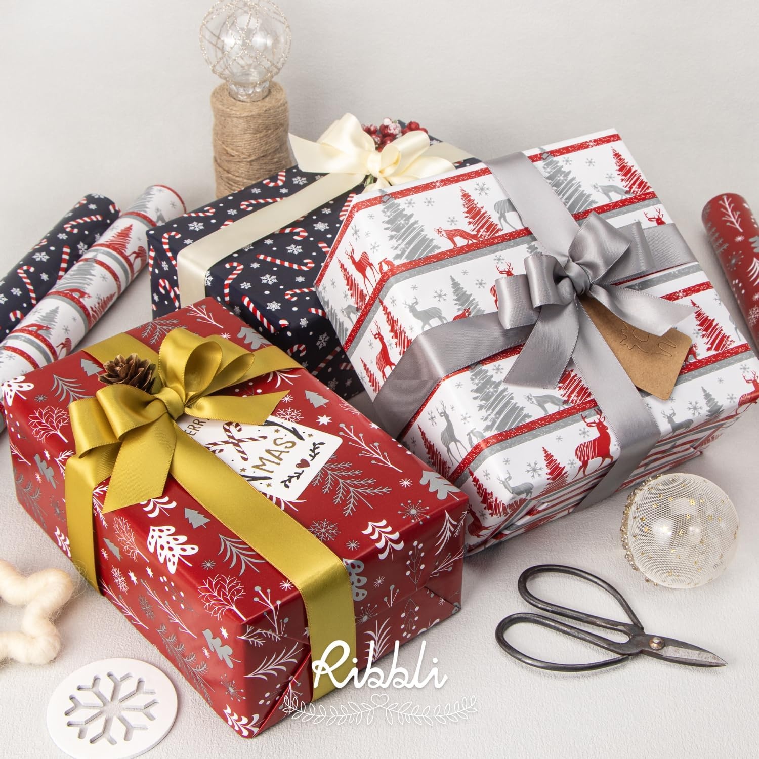 Ribbli Christmas Wrapping Paper Red White Green 3 Rolls Christmas Printed Assortment Gift Wrap Paper for Kids- Mini Roll 17 inch x 120 inch(10feet) Per Roll(Red/White/Navy)