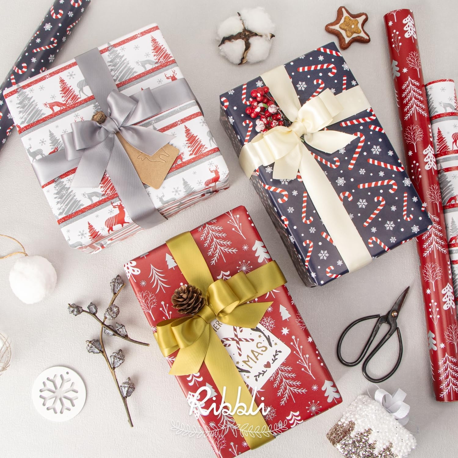 Ribbli Christmas Wrapping Paper Red White Green 3 Rolls Christmas Printed Assortment Gift Wrap Paper for Kids- Mini Roll 17 inch x 120 inch(10feet) Per Roll(Red/White/Navy)