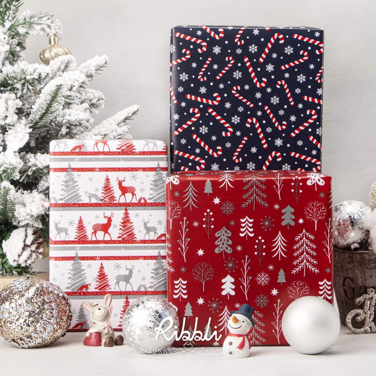 Ribbli Christmas Wrapping Paper Red White Green 3 Rolls Christmas Printed Assortment Gift Wrap Paper for Kids- Mini Roll 17 inch x 120 inch(10feet) Per Roll(Red/White/Navy)