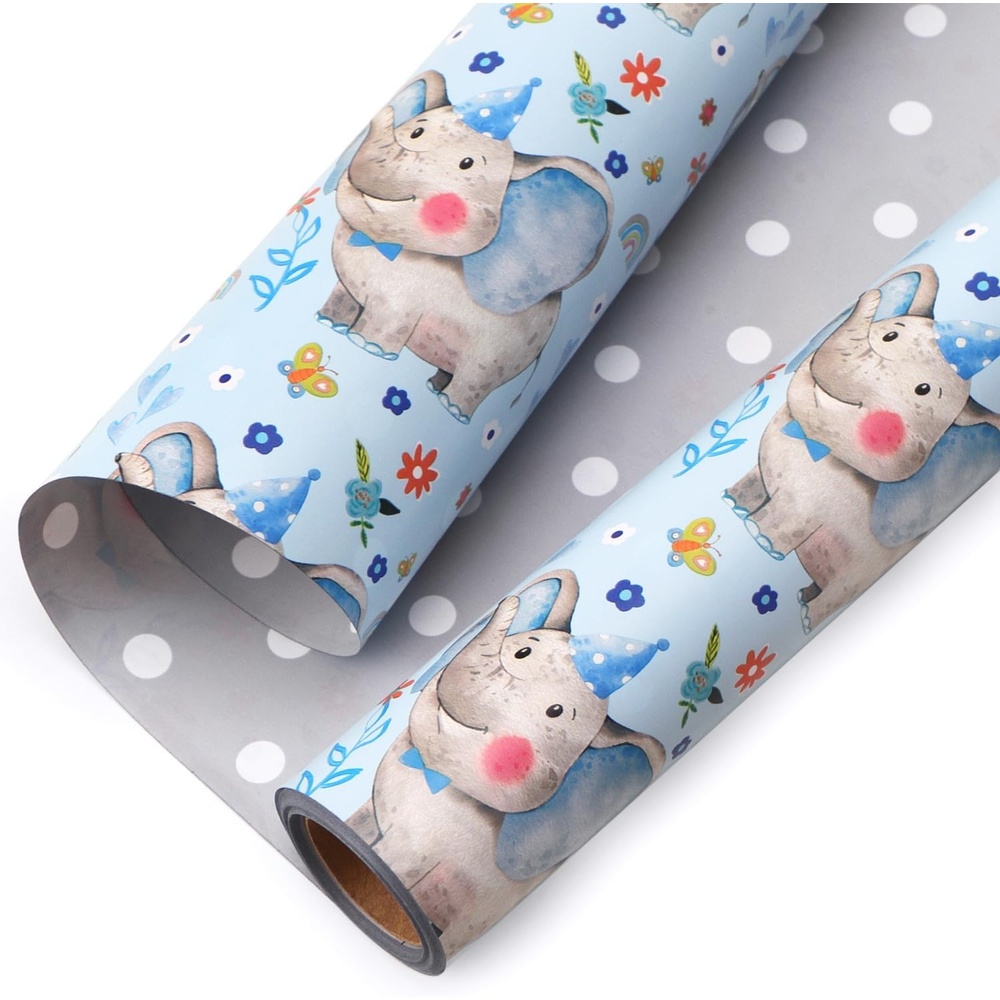 Ribbli Baby Shower Wrapping Paper, Blue Elephant with Gray Polk Dots Paper for Boy Kids Birthday Party – 17 Inch x 394 Inch (33Feet)(Baby Blue/Gray)