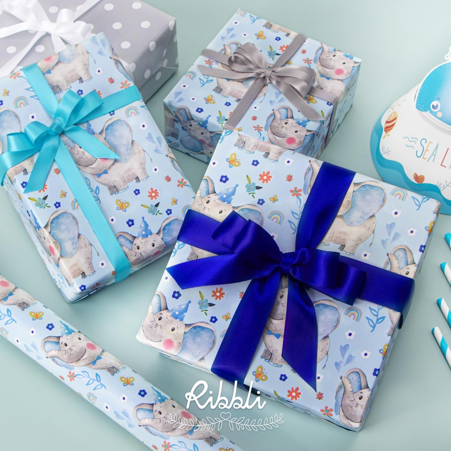 Ribbli Baby Shower Wrapping Paper, Blue Elephant with Gray Polk Dots Paper for Boy Kids Birthday Party – 17 Inch x 394 Inch (33Feet)(Baby Blue/Gray)