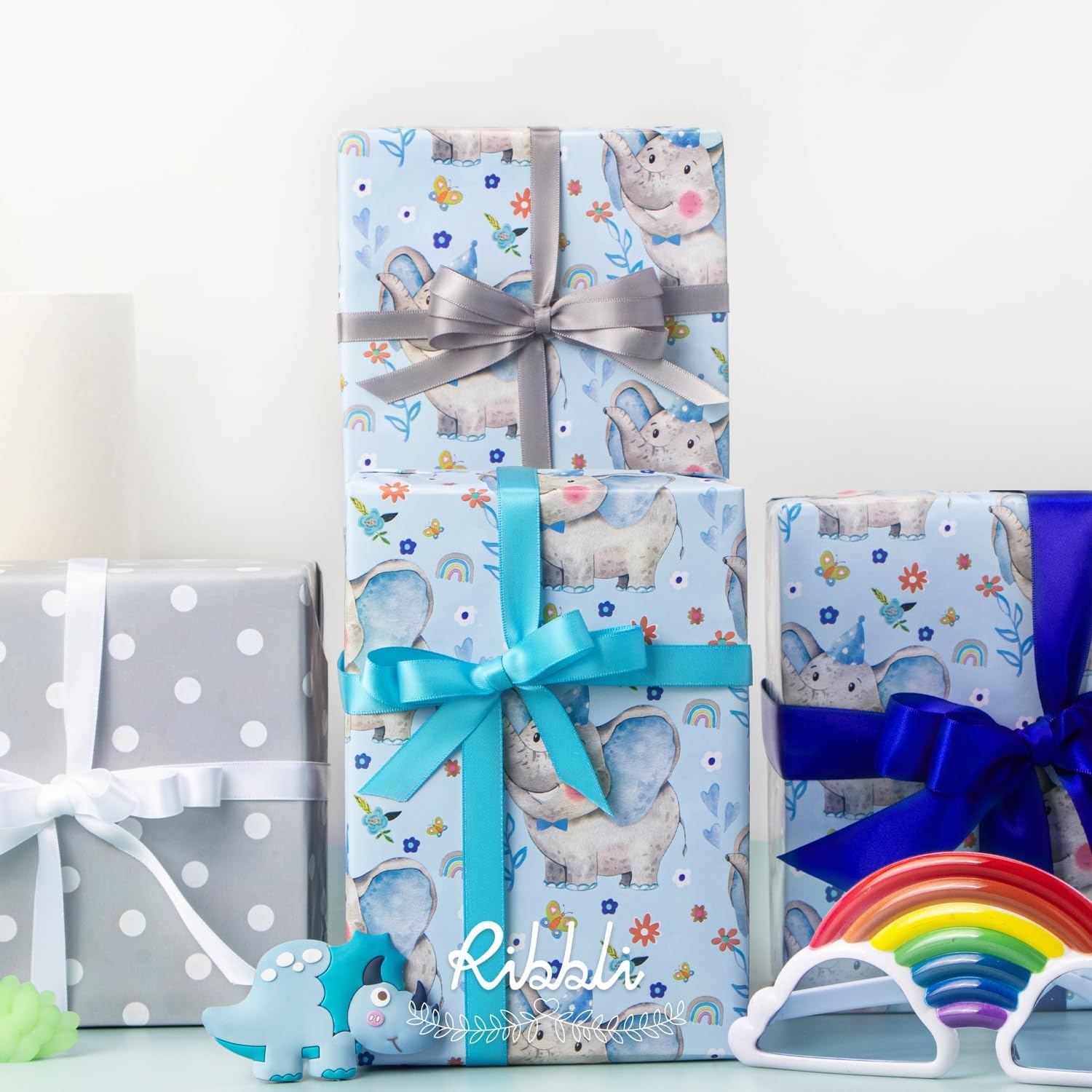 Ribbli Baby Shower Wrapping Paper, Blue Elephant with Gray Polk Dots Paper for Boy Kids Birthday Party – 17 Inch x 394 Inch (33Feet)(Baby Blue/Gray)
