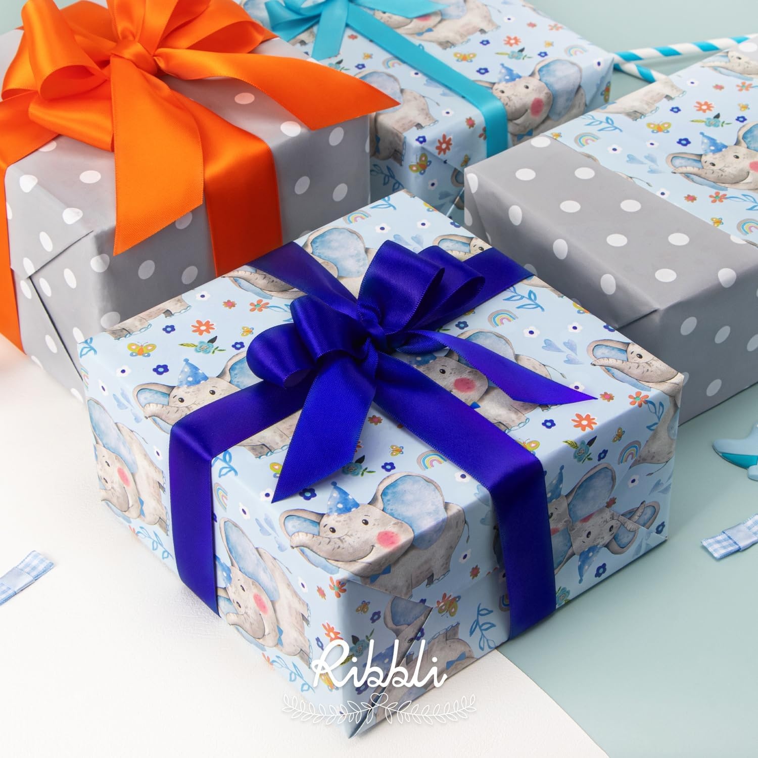 Ribbli Baby Shower Wrapping Paper, Blue Elephant with Gray Polk Dots Paper for Boy Kids Birthday Party – 17 Inch x 394 Inch (33Feet)(Baby Blue/Gray)