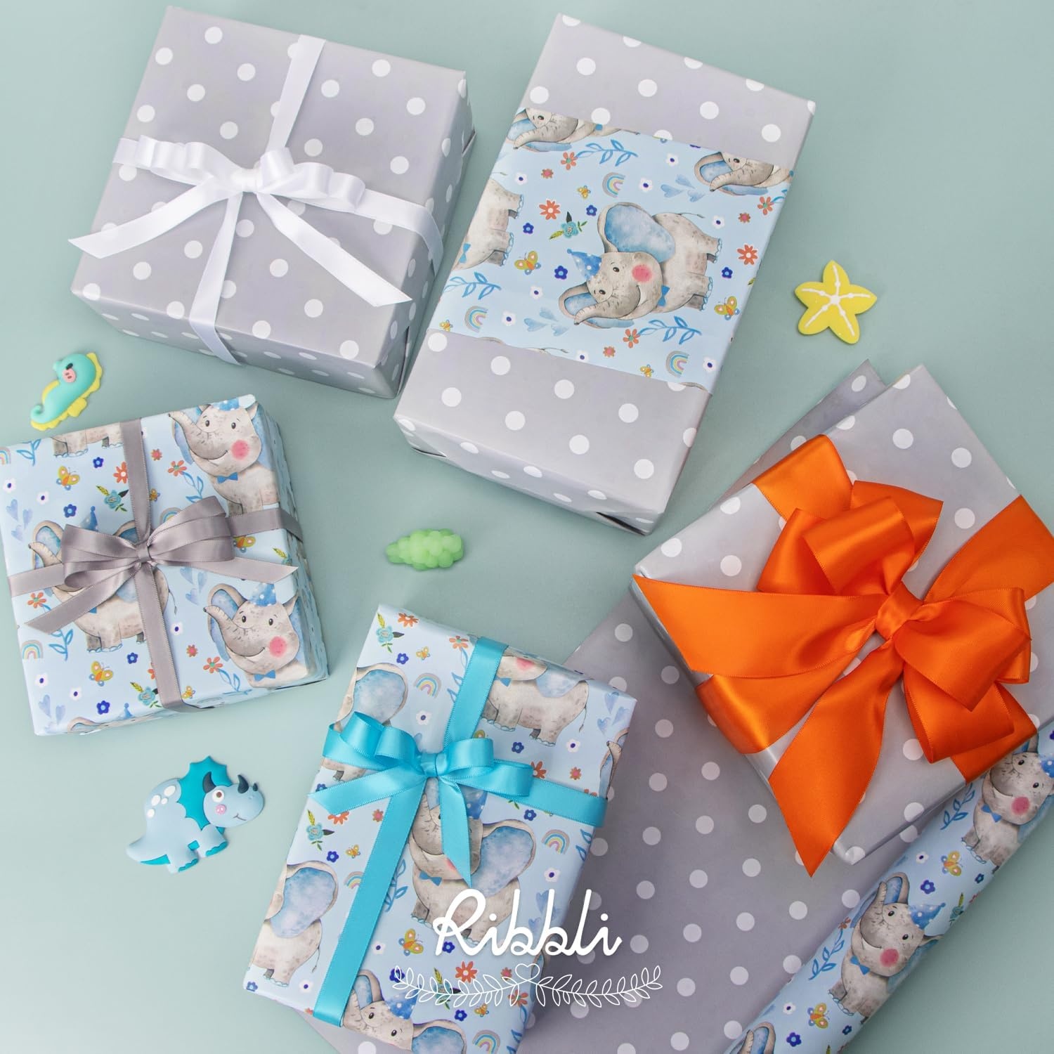 Ribbli Baby Shower Wrapping Paper, Blue Elephant with Gray Polk Dots Paper for Boy Kids Birthday Party – 17 Inch x 394 Inch (33Feet)(Baby Blue/Gray)