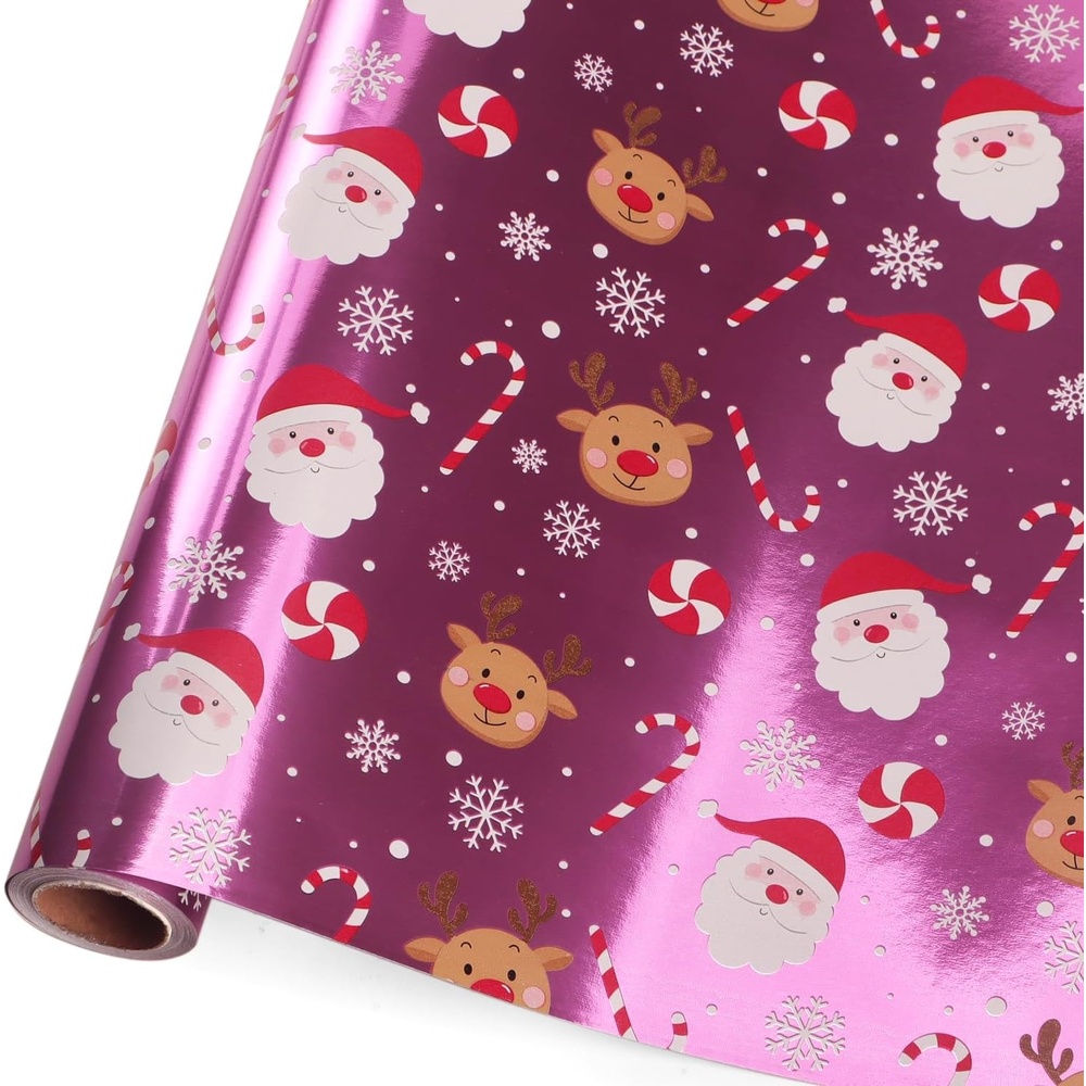 Ribbli Pink Christmas Wrapping Paper Mini Roll Metallic Foil Shine Santa Reindeer Candy Cane Gift Wrapping Paper, Mini Roll-17 Inch x 33 Feet(Santa Pink)