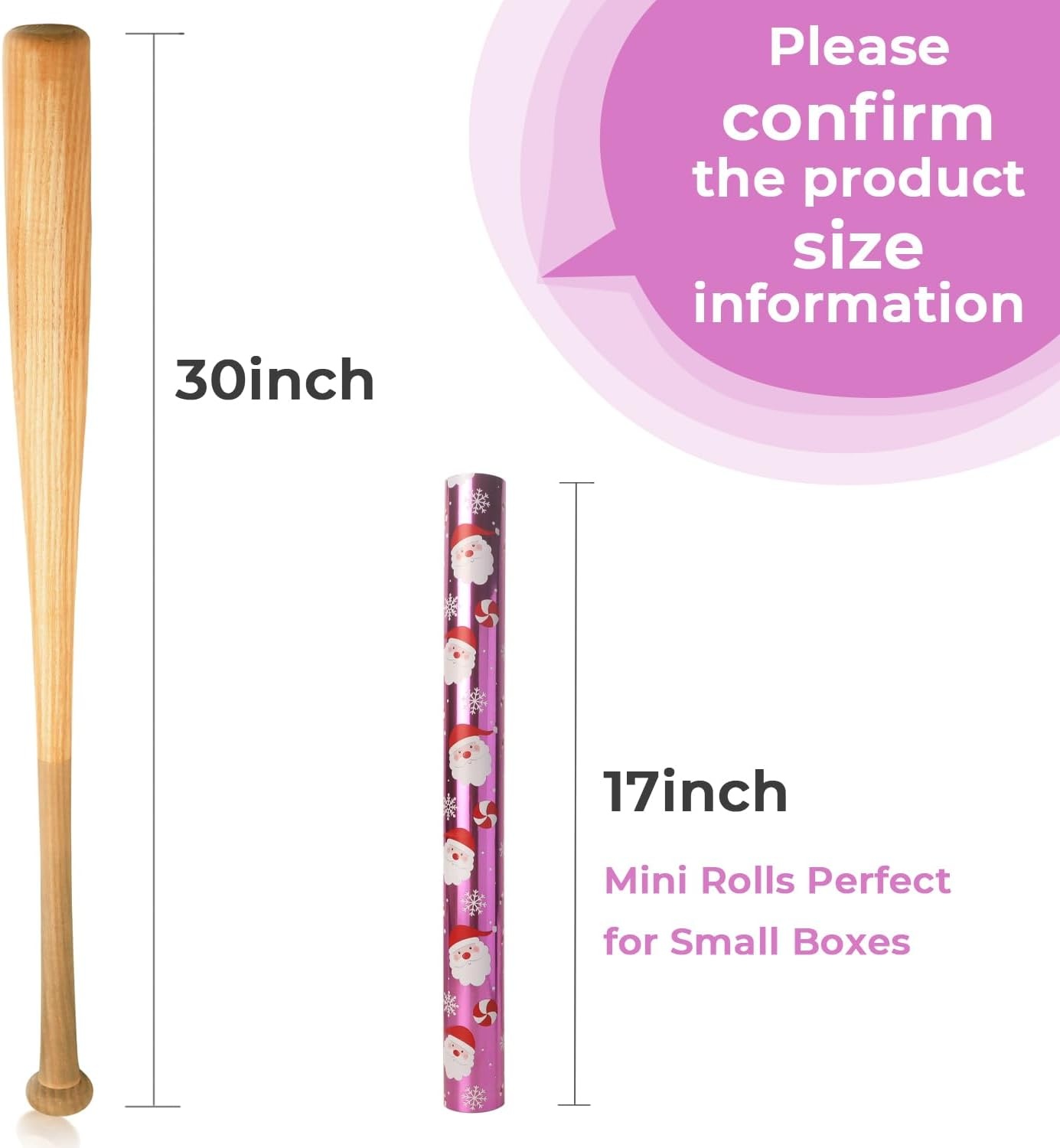Ribbli Pink Christmas Wrapping Paper Mini Roll Metallic Foil Shine Santa Reindeer Candy Cane Gift Wrapping Paper, Mini Roll-17 Inch x 33 Feet(Santa Pink)