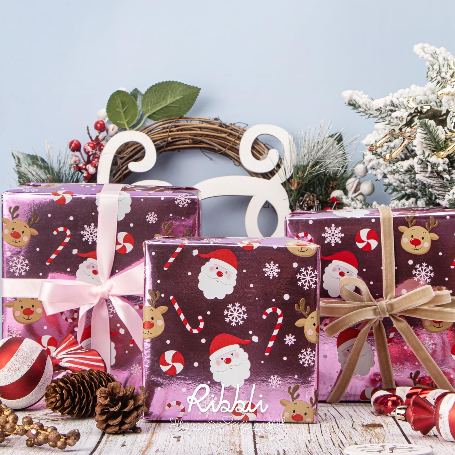 Ribbli Pink Christmas Wrapping Paper Mini Roll Metallic Foil Shine Santa Reindeer Candy Cane Gift Wrapping Paper, Mini Roll-17 Inch x 33 Feet(Santa Pink)