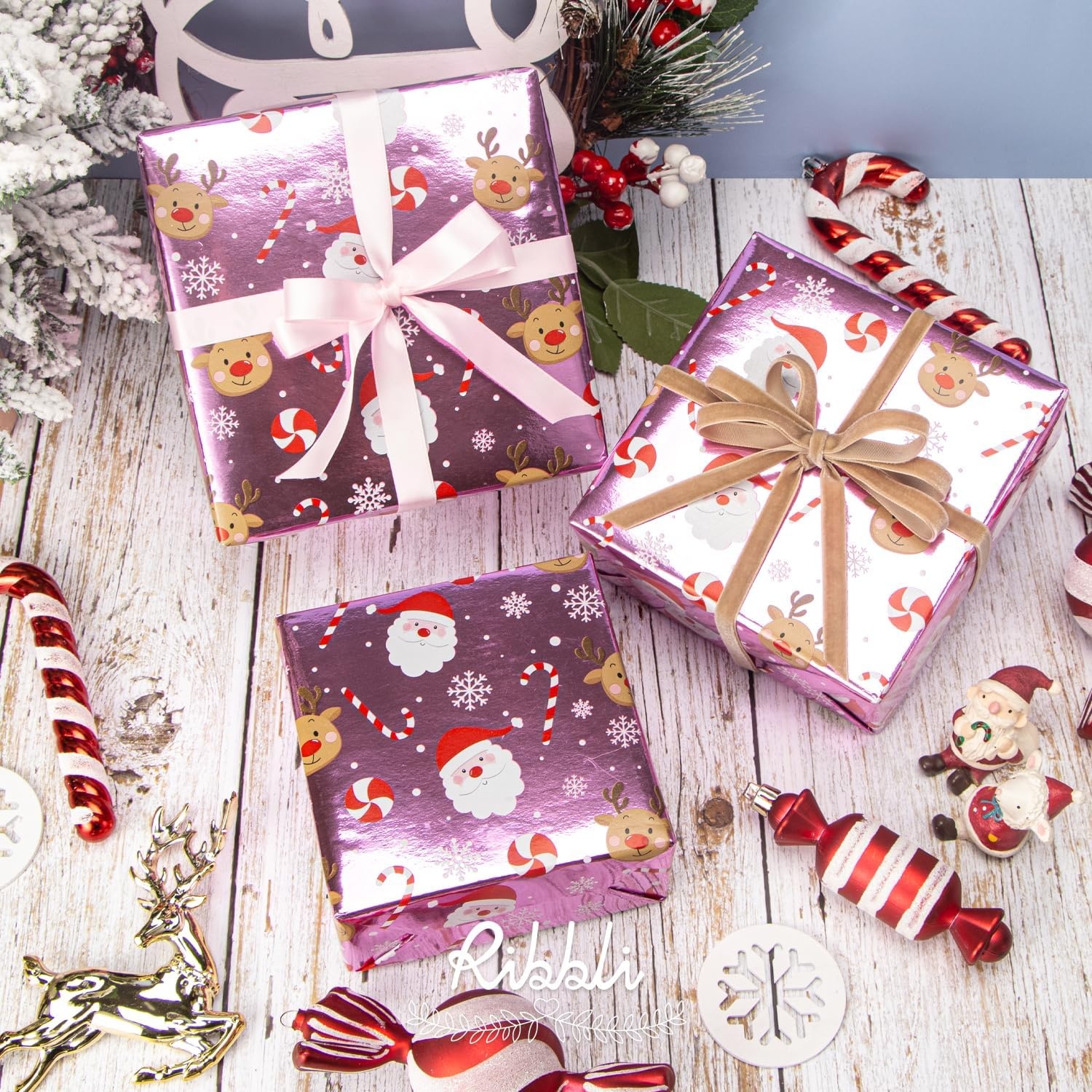 Ribbli Pink Christmas Wrapping Paper Mini Roll Metallic Foil Shine Santa Reindeer Candy Cane Gift Wrapping Paper, Mini Roll-17 Inch x 33 Feet(Santa Pink)