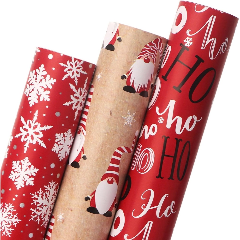 Ribbli Christmas Wrapping Paper Red White Green 3 Rolls Christmas Printed Assortment Gift Wrap Paper for Kids- Mini Roll 17 inch x 120 inch(10feet) Per Roll(Red/Khaki/Red)