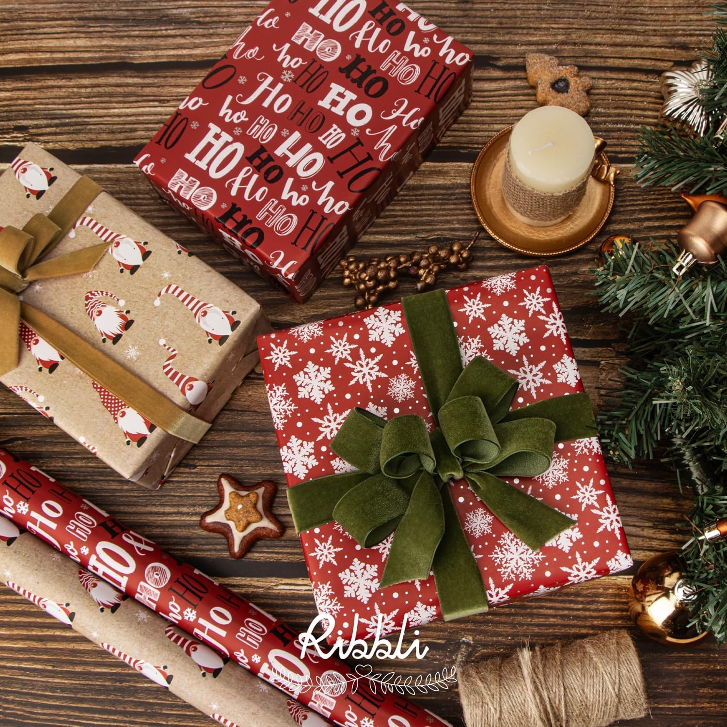 Ribbli Christmas Wrapping Paper Red White Green 3 Rolls Christmas Printed Assortment Gift Wrap Paper for Kids- Mini Roll 17 inch x 120 inch(10feet) Per Roll(Red/Khaki/Red)