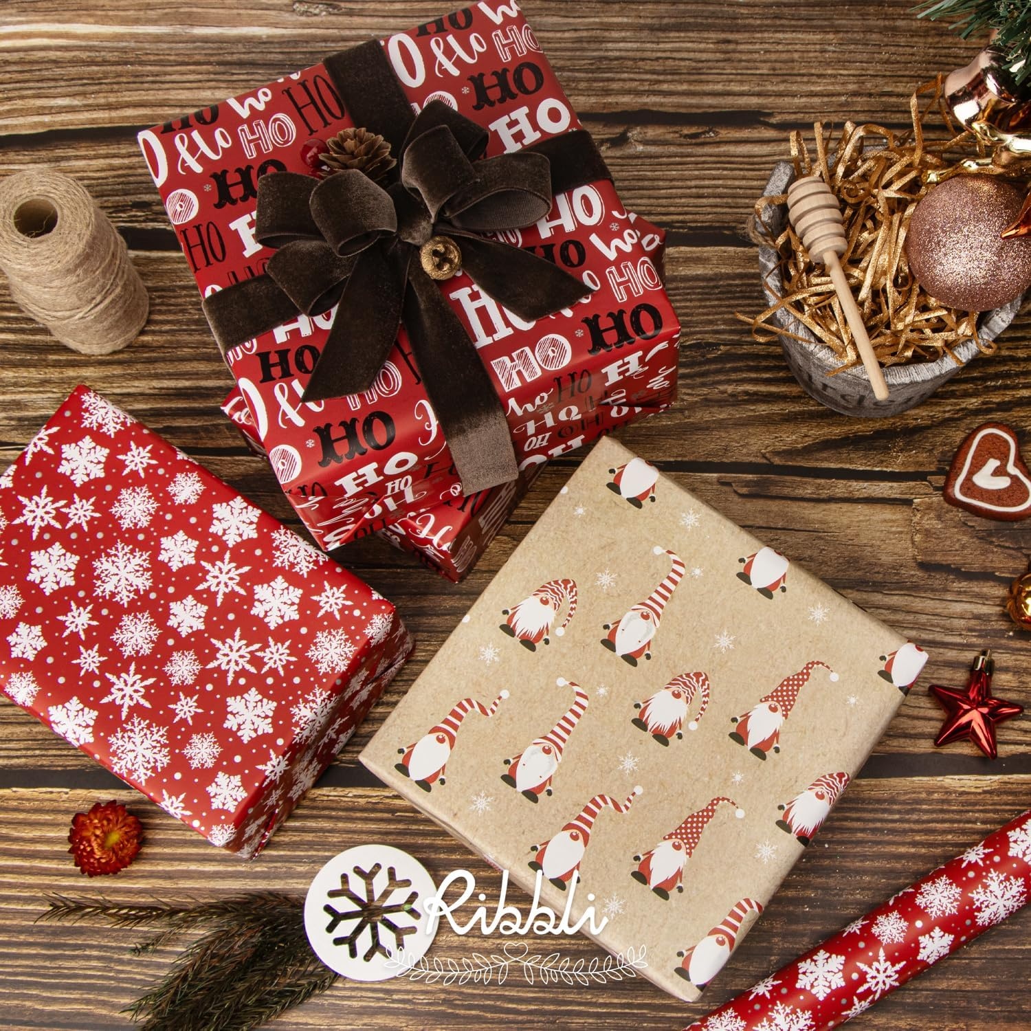 Ribbli Christmas Wrapping Paper Red White Green 3 Rolls Christmas Printed Assortment Gift Wrap Paper for Kids- Mini Roll 17 inch x 120 inch(10feet) Per Roll(Red/Khaki/Red)