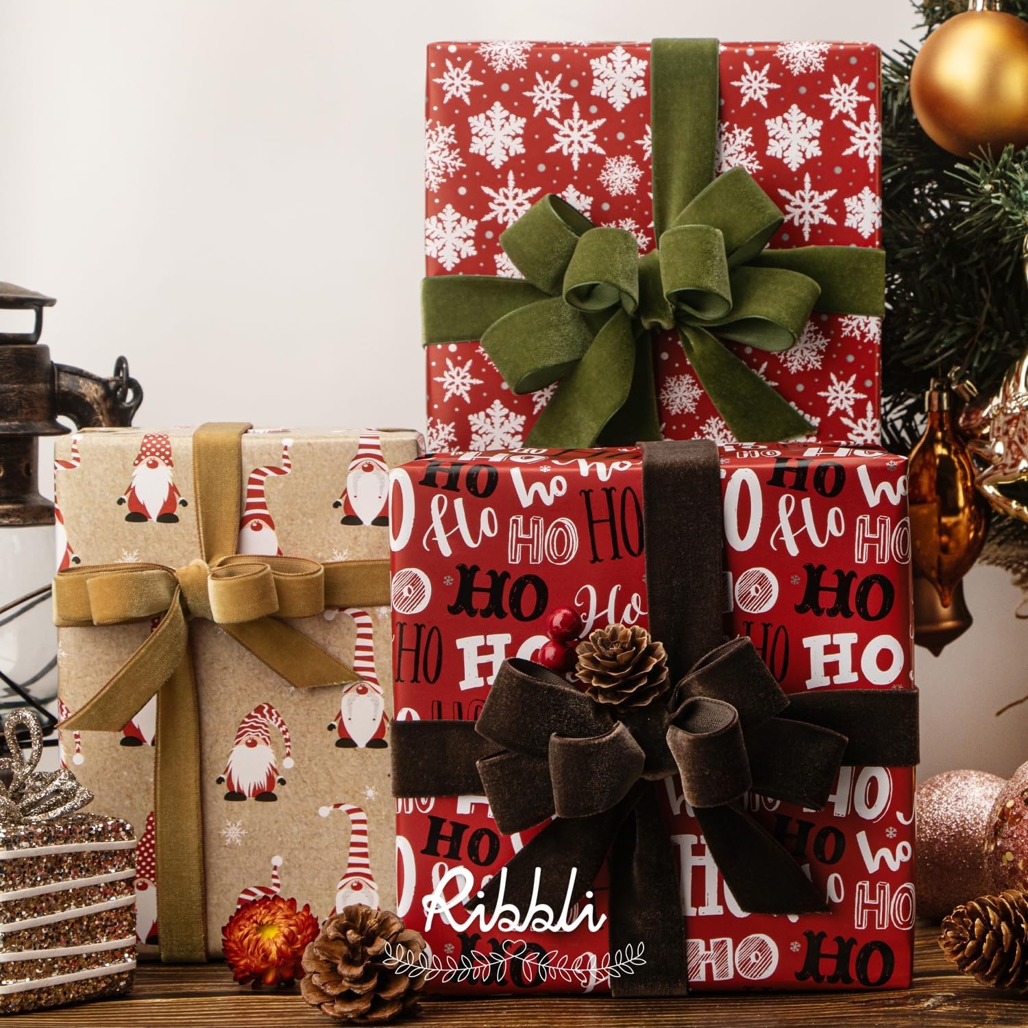 Ribbli Christmas Wrapping Paper Red White Green 3 Rolls Christmas Printed Assortment Gift Wrap Paper for Kids- Mini Roll 17 inch x 120 inch(10feet) Per Roll(Red/Khaki/Red)