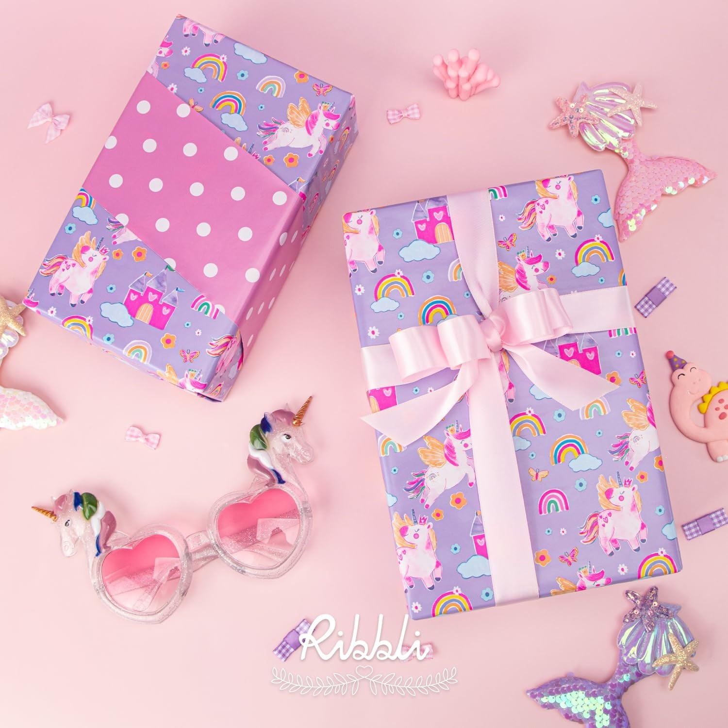 Ribbli Baby Shower Wrapping Paper, Blue Elephant with Gray Polk Dots Paper for Boy Kids Birthday Party – 17 Inch x 394 Inch (33Feet)(Purple/Pink)
