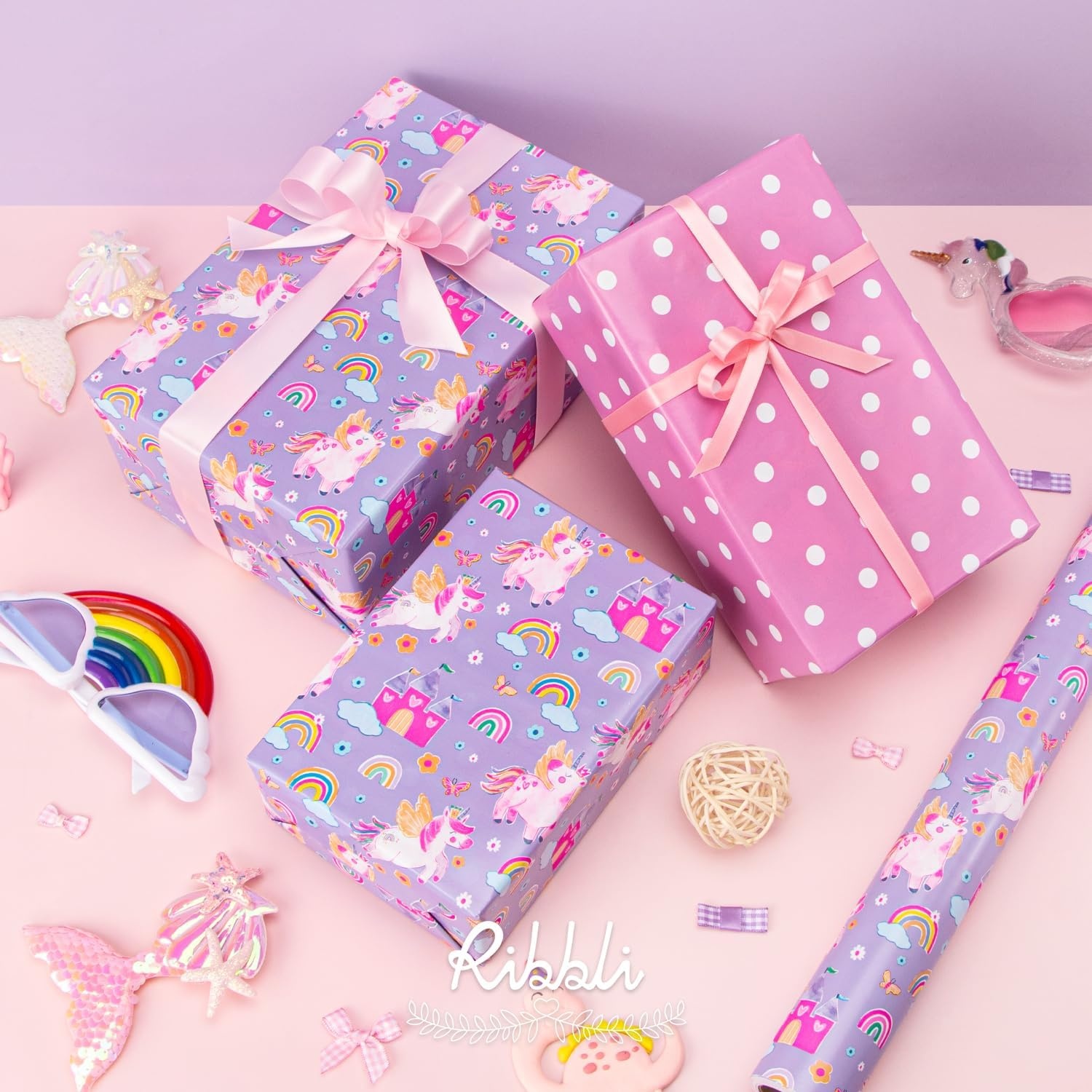 Ribbli Baby Shower Wrapping Paper, Blue Elephant with Gray Polk Dots Paper for Boy Kids Birthday Party – 17 Inch x 394 Inch (33Feet)(Purple/Pink)