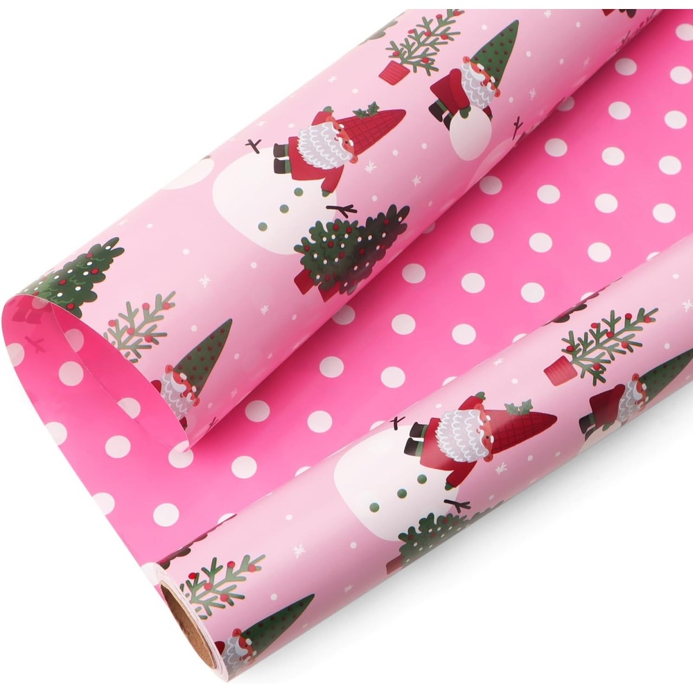 Ribbli Pink Christmas Wrapping Paper Mini Roll Gingerbread Man and Candy Cane Gift Wrapping Paper for Girls Kids, Mini Roll-17 Inch x 33 Feet(Gnome/Polka Dot)