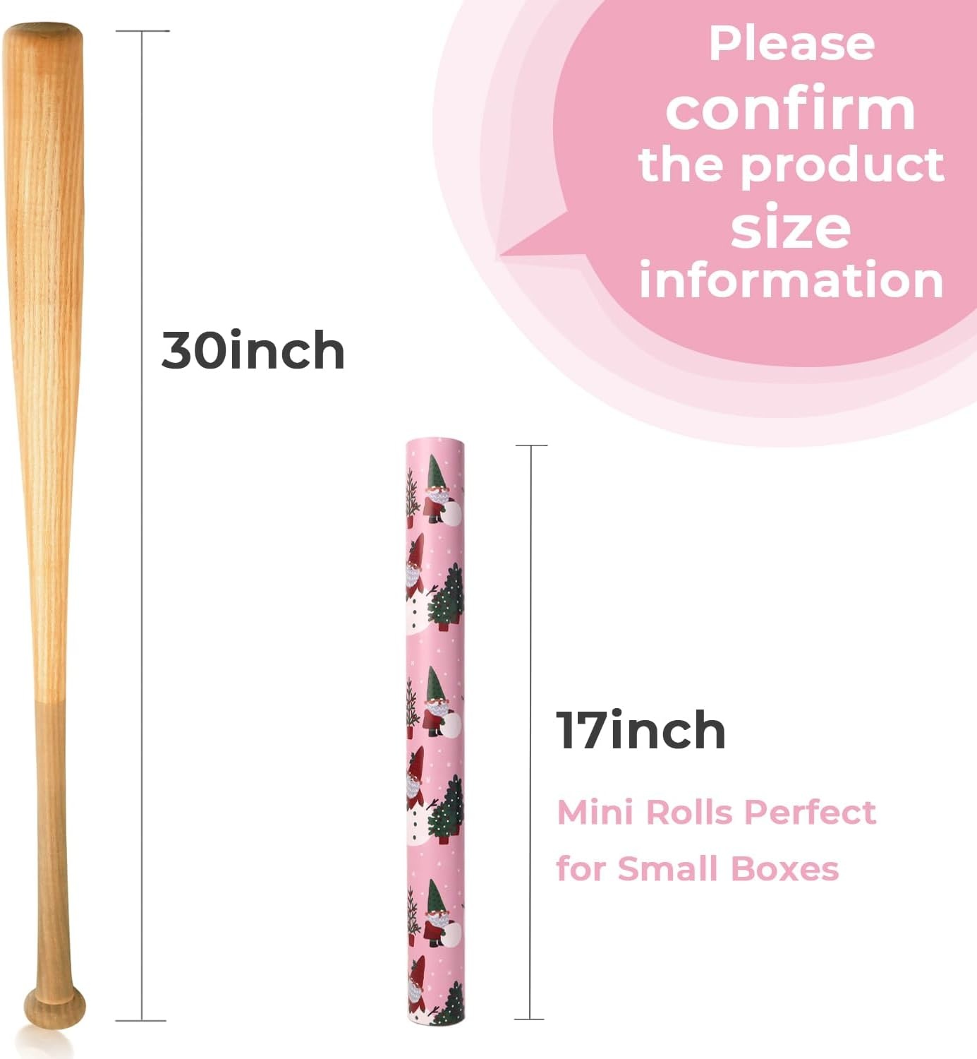 Ribbli Pink Christmas Wrapping Paper Mini Roll Gingerbread Man and Candy Cane Gift Wrapping Paper for Girls Kids, Mini Roll-17 Inch x 33 Feet(Gnome/Polka Dot)