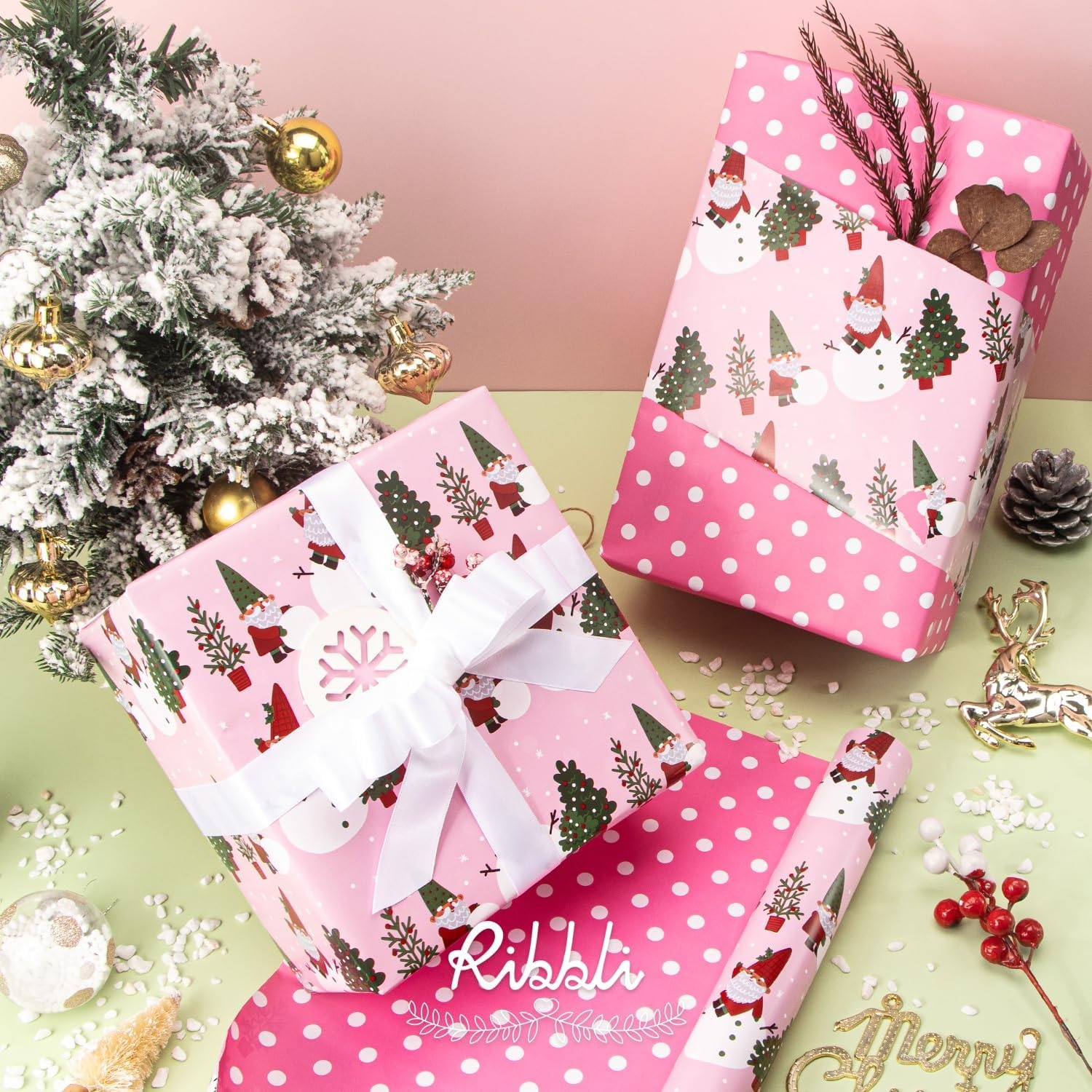 Ribbli Pink Christmas Wrapping Paper Mini Roll Gingerbread Man and Candy Cane Gift Wrapping Paper for Girls Kids, Mini Roll-17 Inch x 33 Feet(Gnome/Polka Dot)