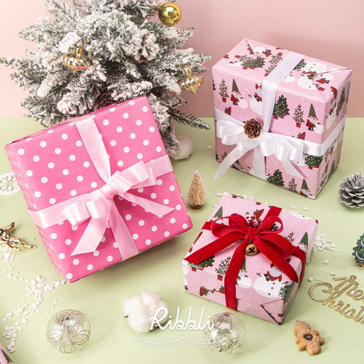 Ribbli Pink Christmas Wrapping Paper Mini Roll Gingerbread Man and Candy Cane Gift Wrapping Paper for Girls Kids, Mini Roll-17 Inch x 33 Feet(Gnome/Polka Dot)