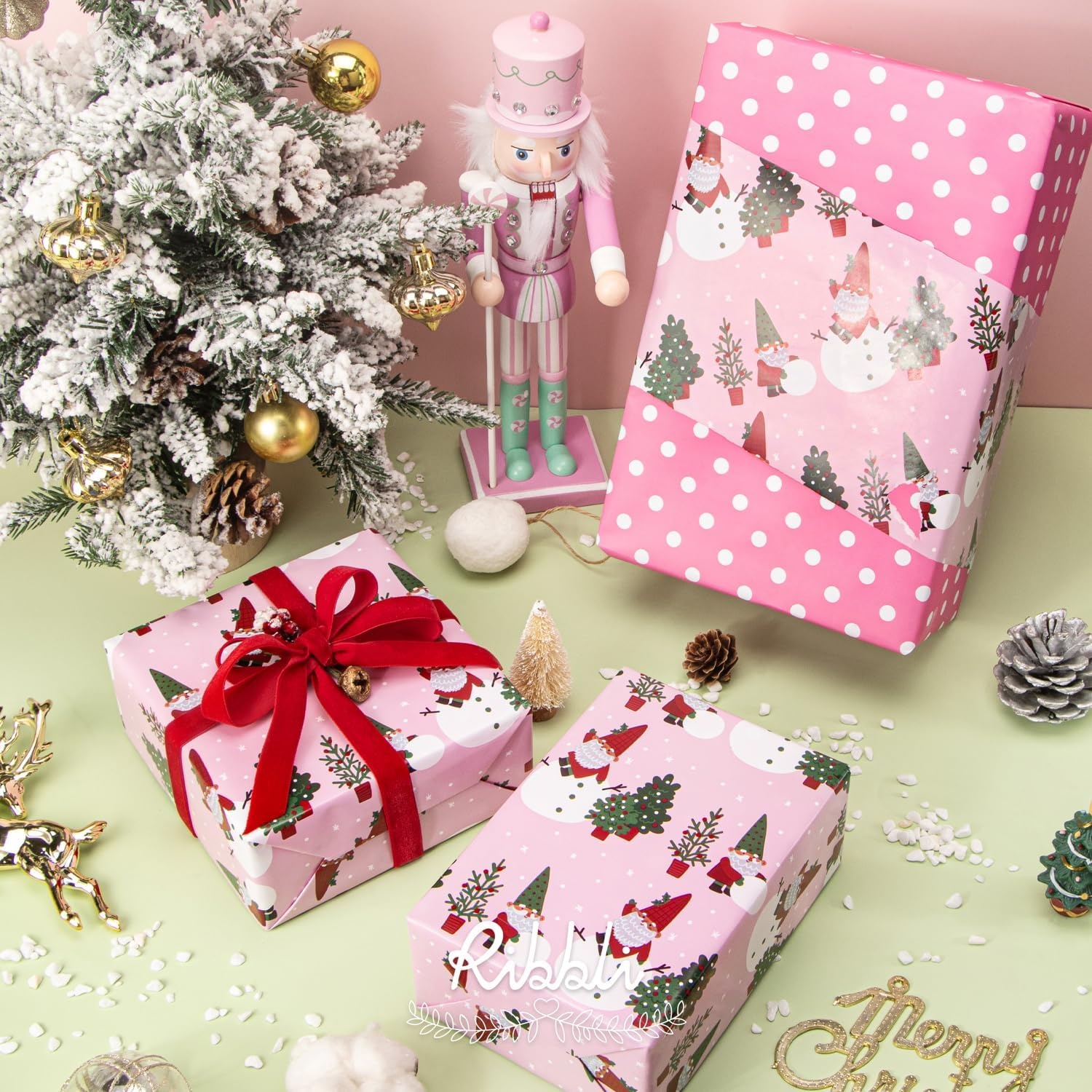 Ribbli Pink Christmas Wrapping Paper Mini Roll Gingerbread Man and Candy Cane Gift Wrapping Paper for Girls Kids, Mini Roll-17 Inch x 33 Feet(Gnome/Polka Dot)